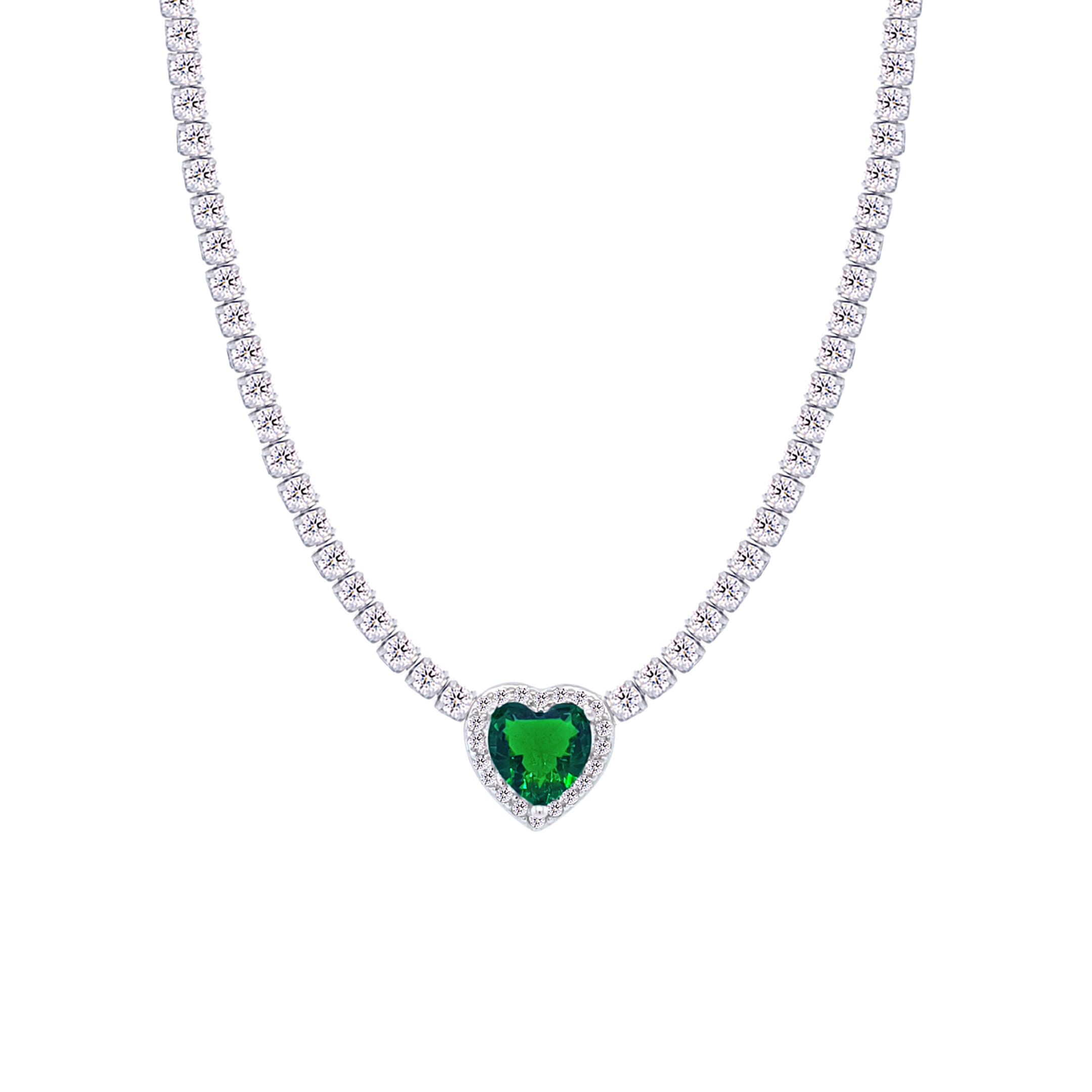 Asfour Crystal Tennis Necklace With Emerald Zircon Heart In 925 Sterling Silver-ND0427-WG