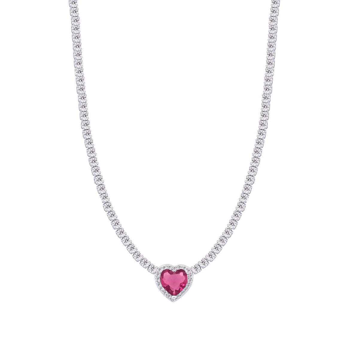 Asfour Crystal Tennis Necklace With Dark Rose Heart Stone In 925 Sterling Silver-ND0427-WO5