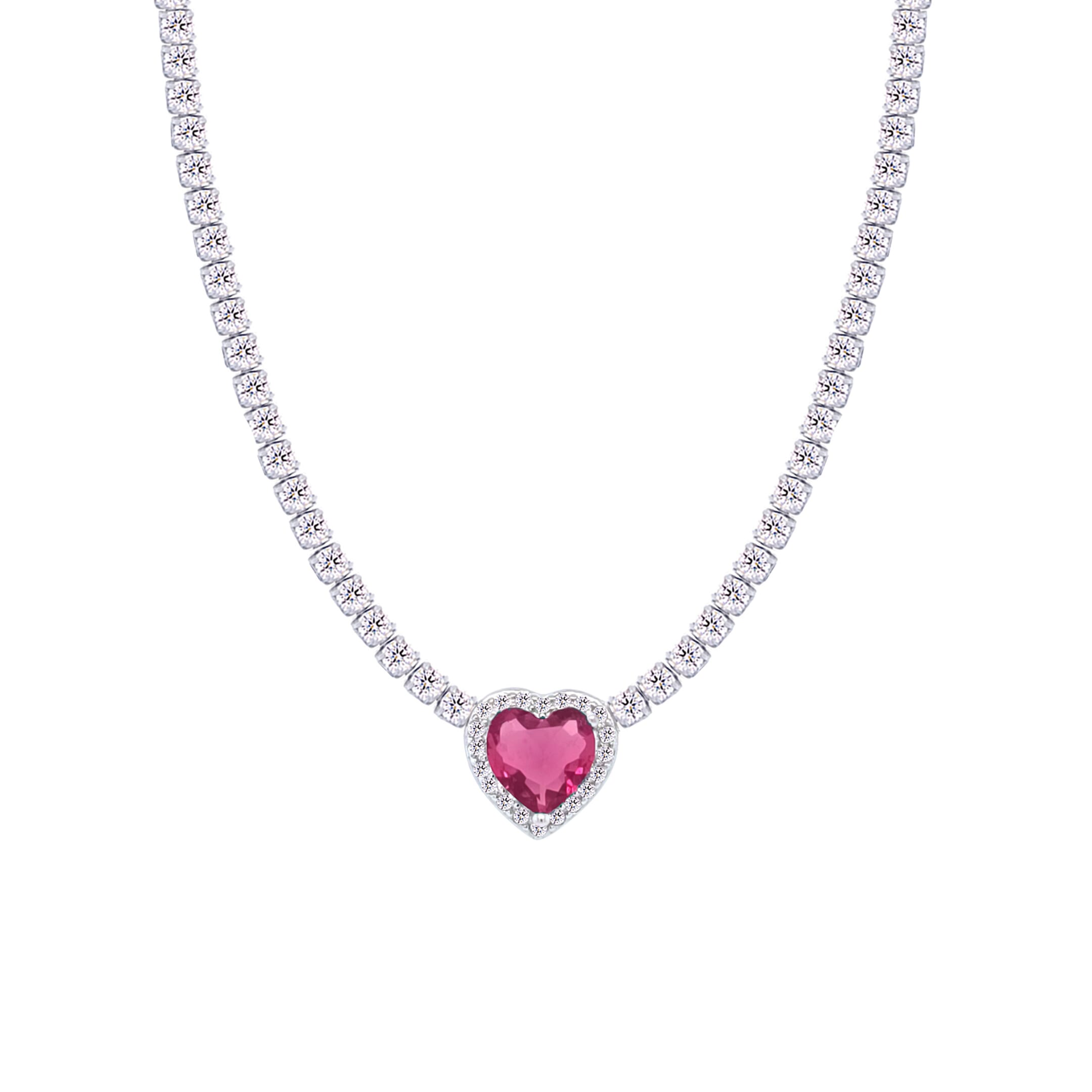 Asfour Crystal Tennis Necklace With Dark Rose Heart Stone In 925 Sterling Silver-ND0427-WO5