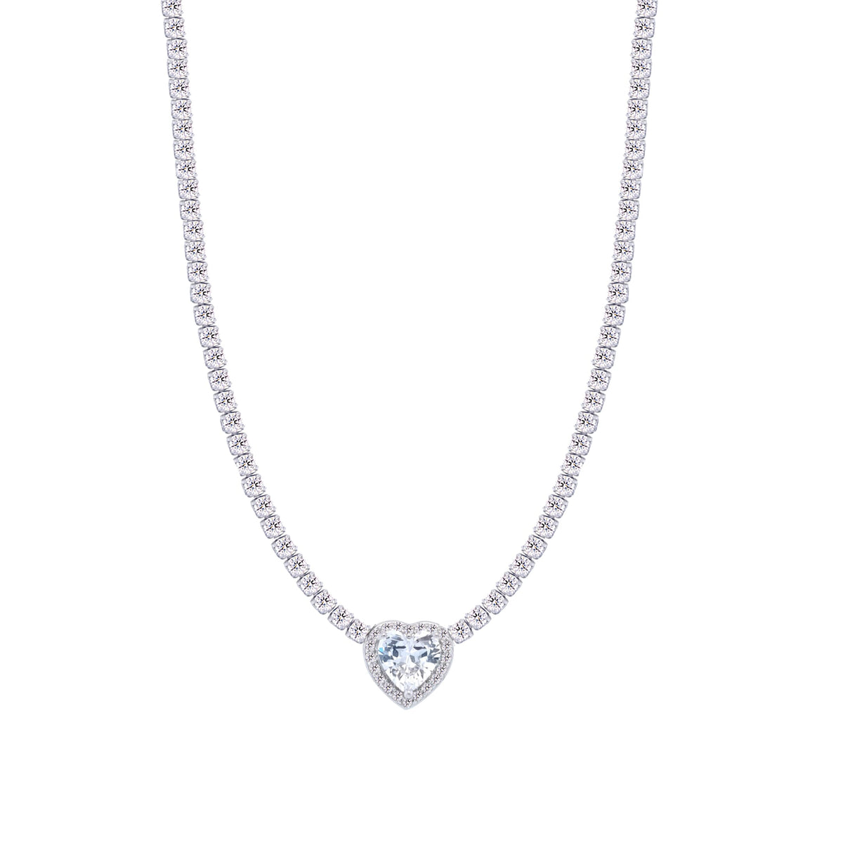 Asfour Crystal Tennis Necklace With Heart Design In 925 Sterling Silver-ND0427