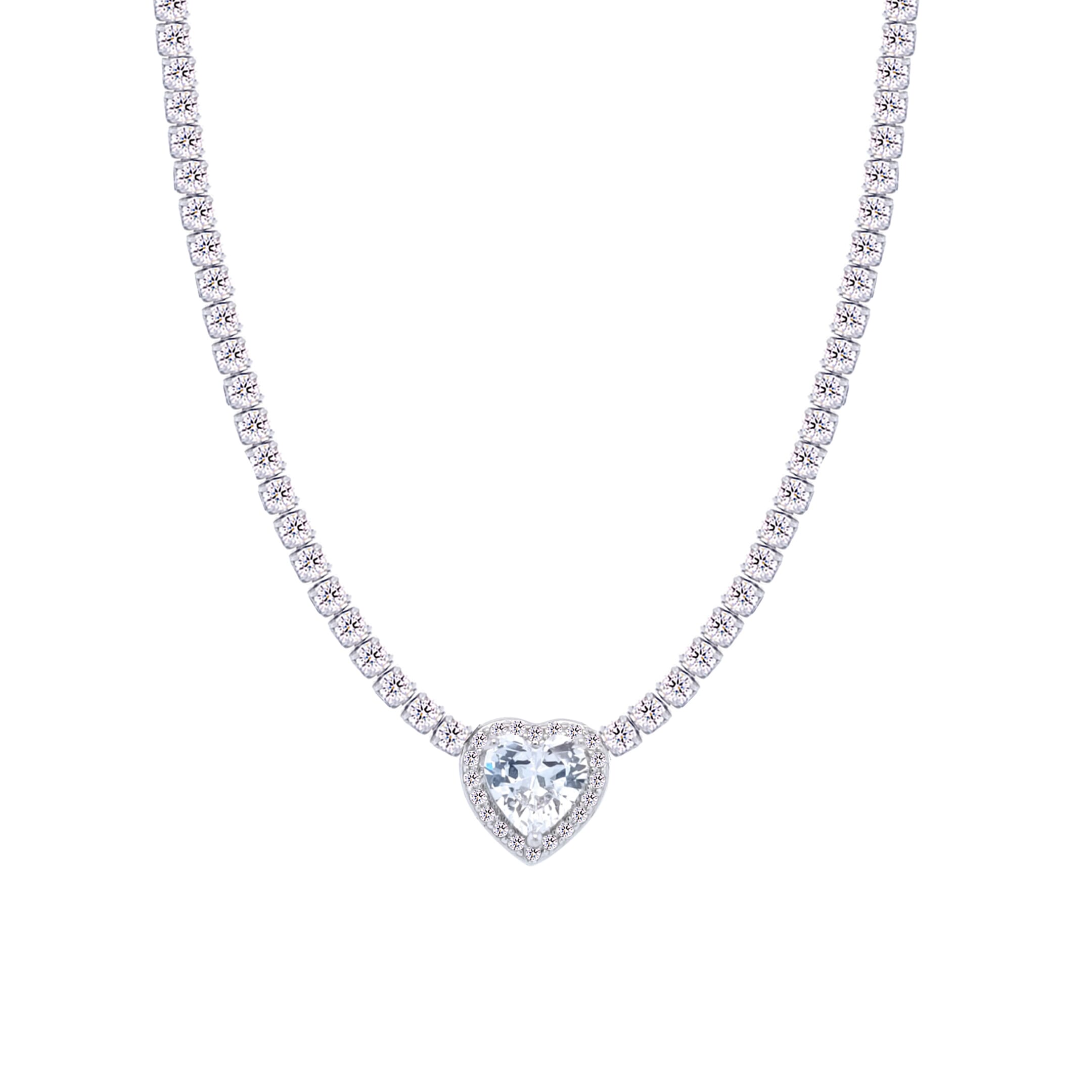 Asfour Crystal Tennis Necklace With Heart Design In 925 Sterling Silver-ND0427