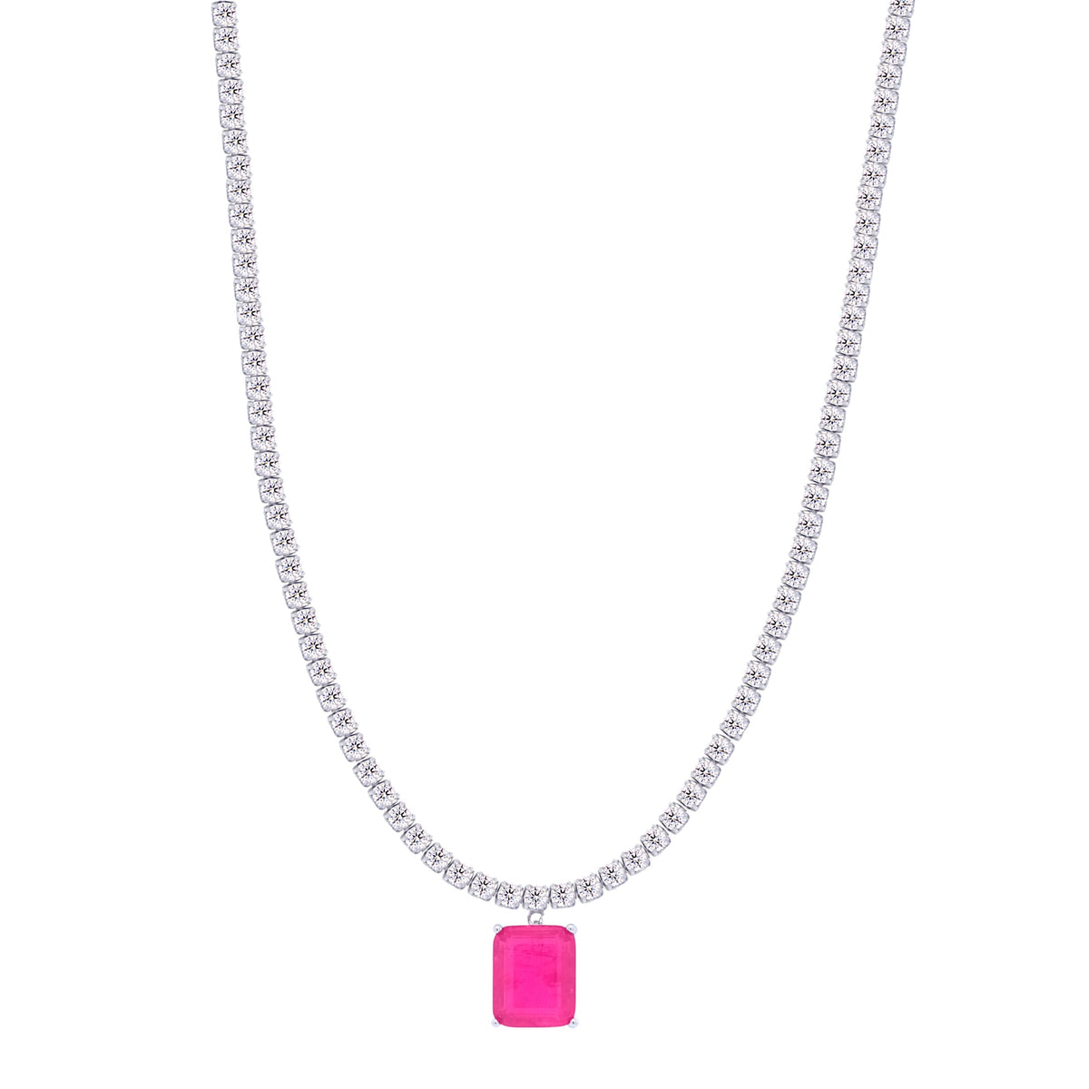 Asfour Crystal Tennis Necklace With Fuchsia Emerald Cut Zircon In 925 Sterling Silver-ND0428-WF