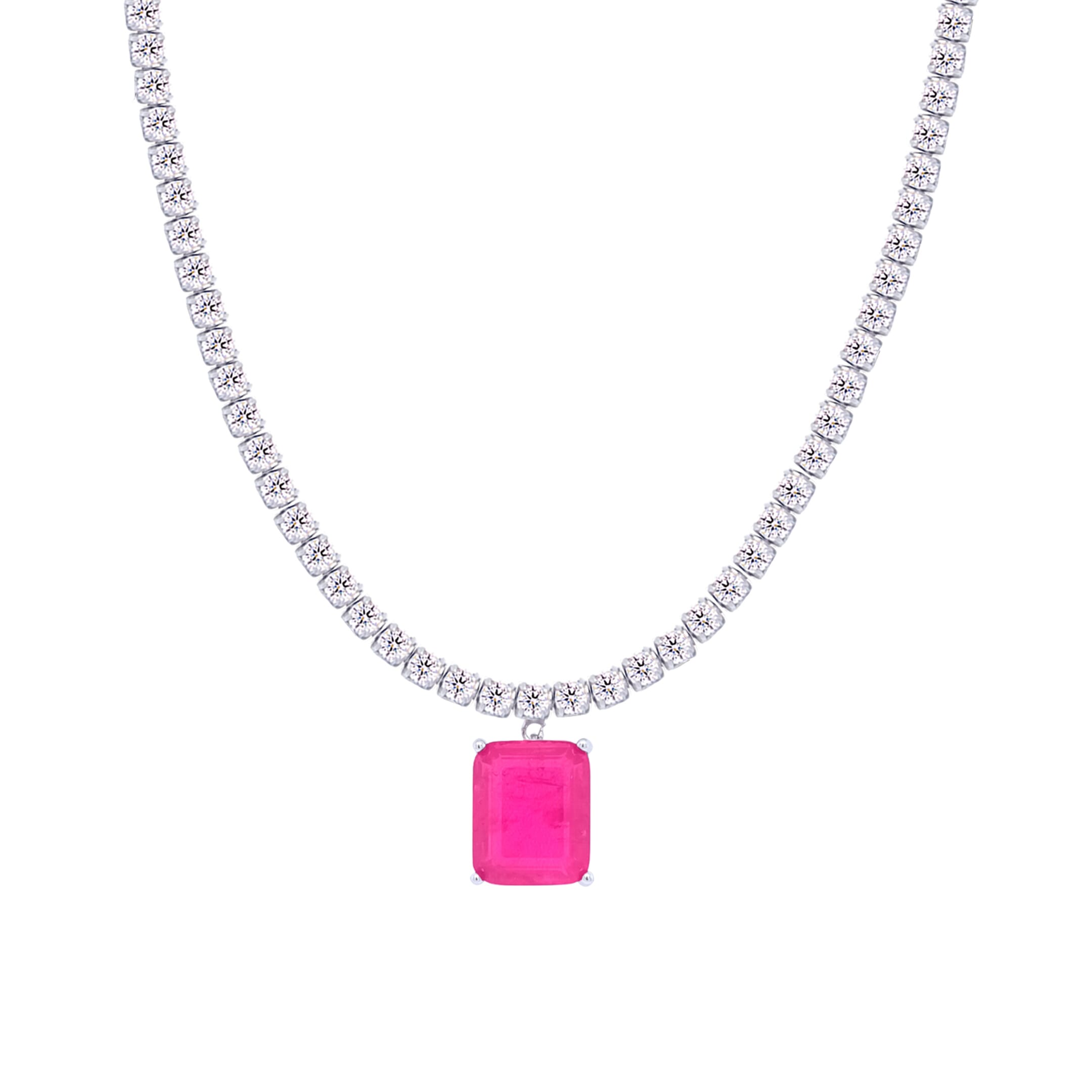 Asfour Crystal Tennis Necklace With Fuchsia Emerald Cut Zircon In 925 Sterling Silver-ND0428-WF