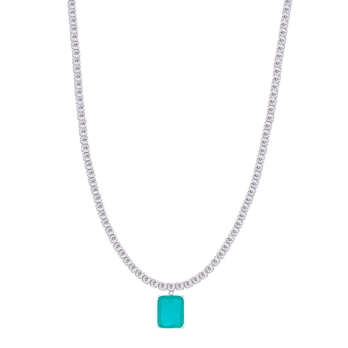 Asfour Crystal Tennis Necklace With Turquoise Emerald Cut Zircon In 925 Sterling Silver-ND0428-WGC