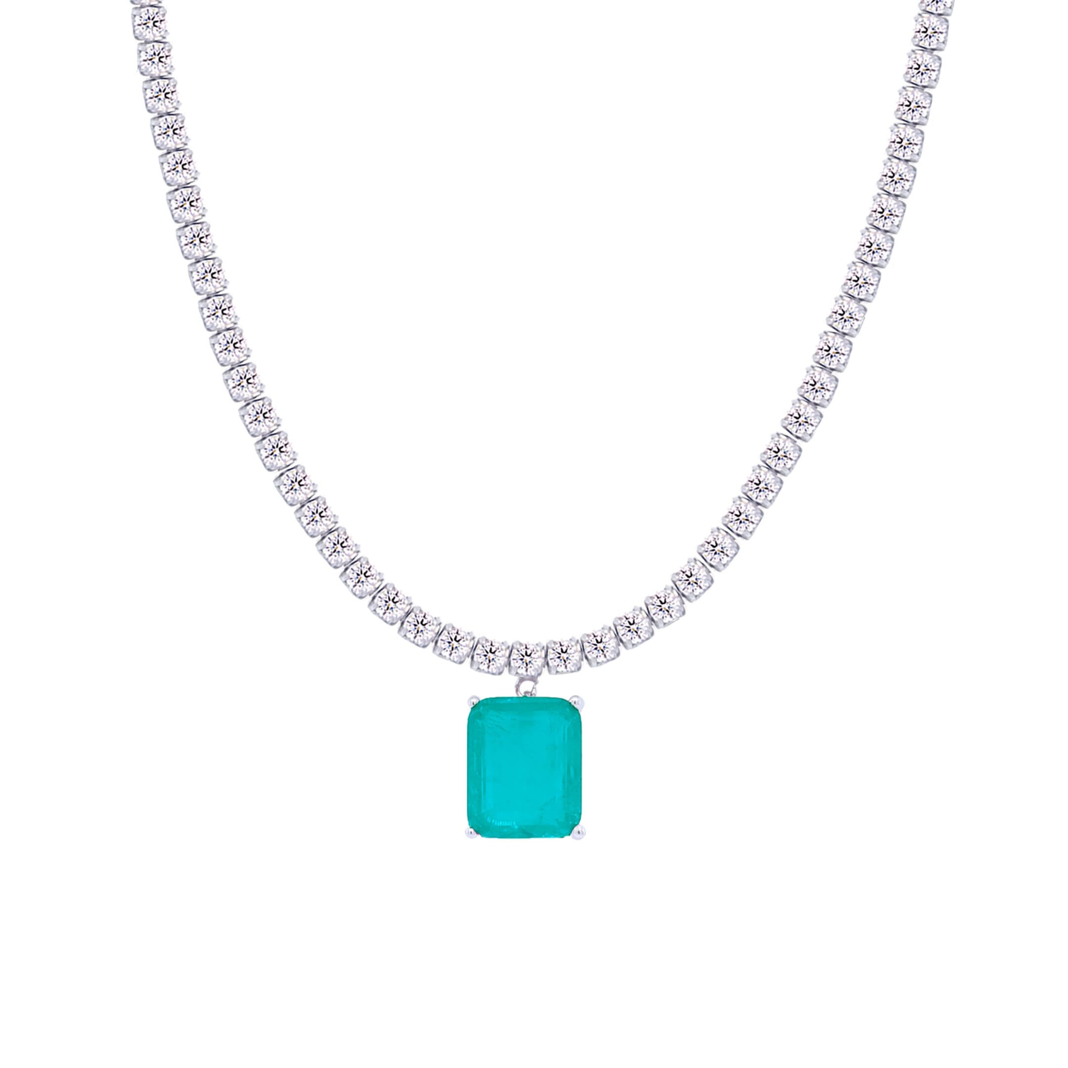 Asfour Crystal Tennis Necklace With Turquoise Emerald Cut Zircon In 925 Sterling Silver-ND0428-WGC