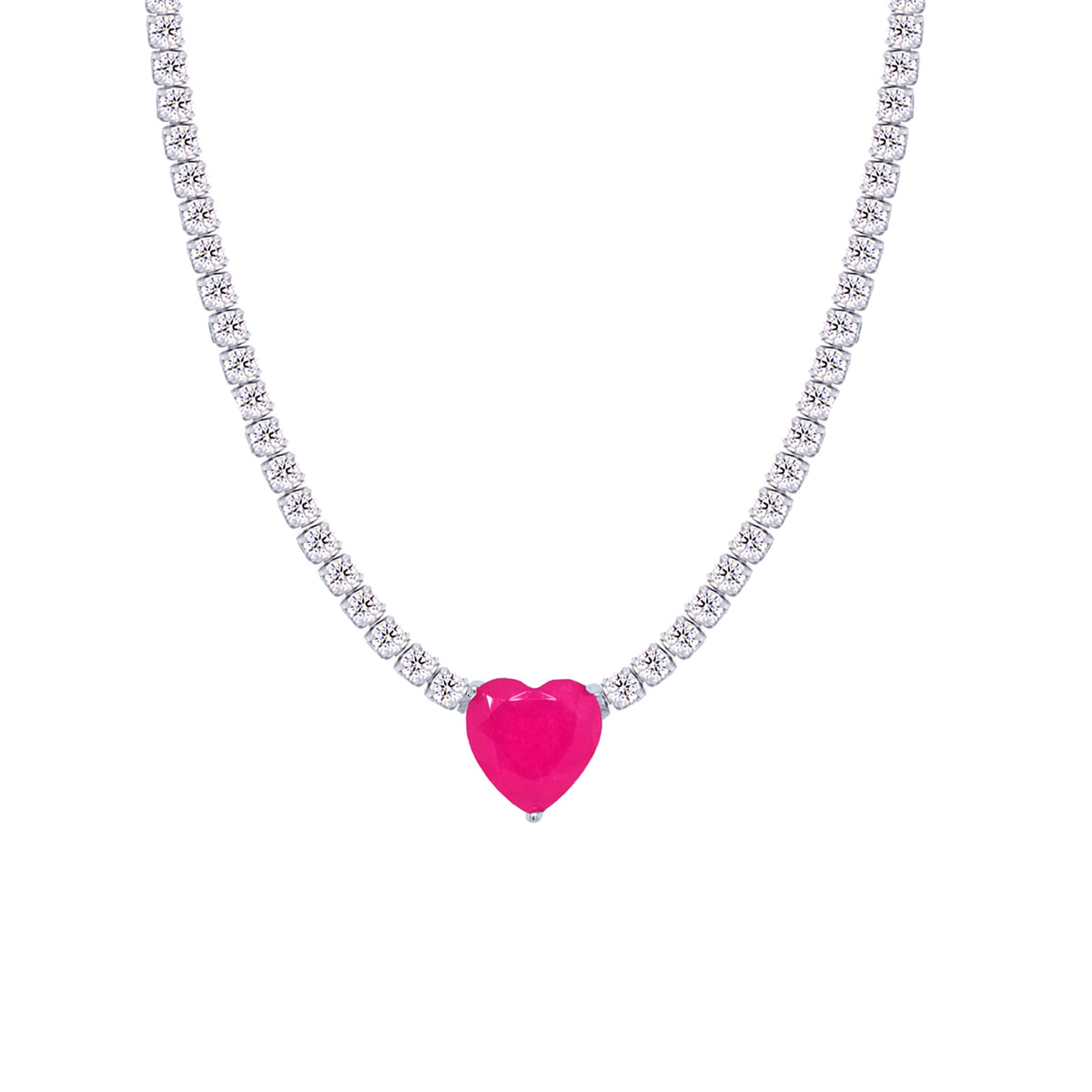 Asfour Crystal Tennis Necklace With Fuchsia Heart In 925 Sterling Silver-ND0429-WF