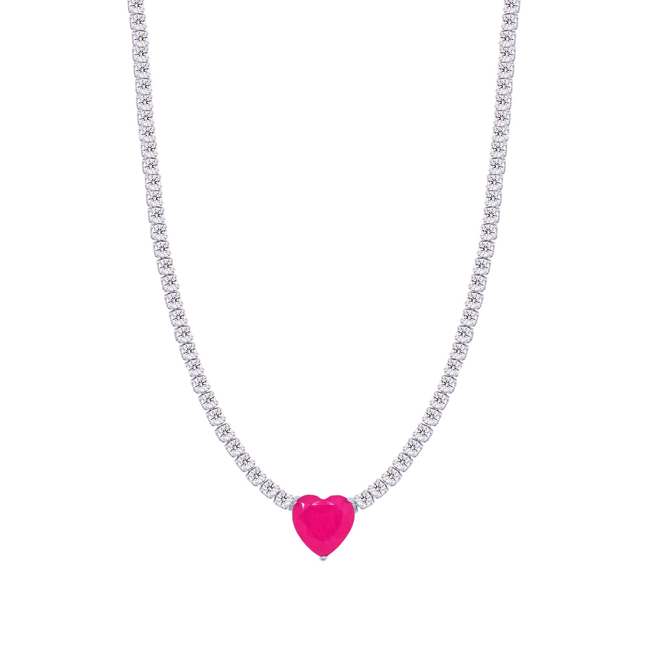 Asfour Crystal Tennis Necklace With Fuchsia Heart In 925 Sterling Silver-ND0429-WF