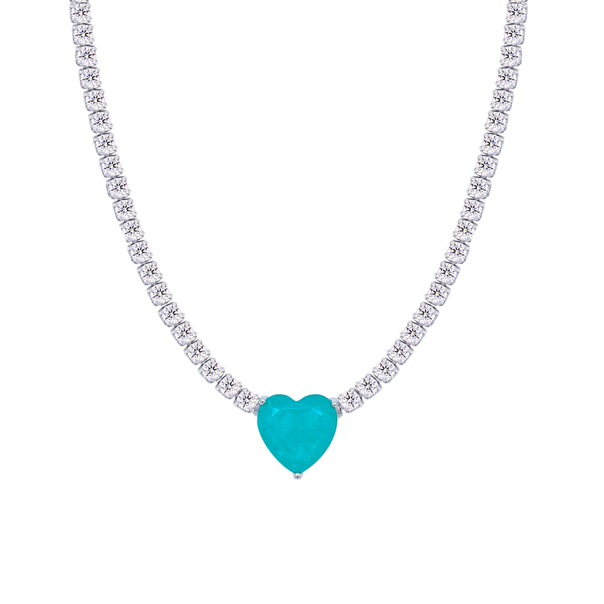 Asfour Crystal Tennis Necklace With Turquoise Heart In 925 Sterling Silver-ND0429-WGC