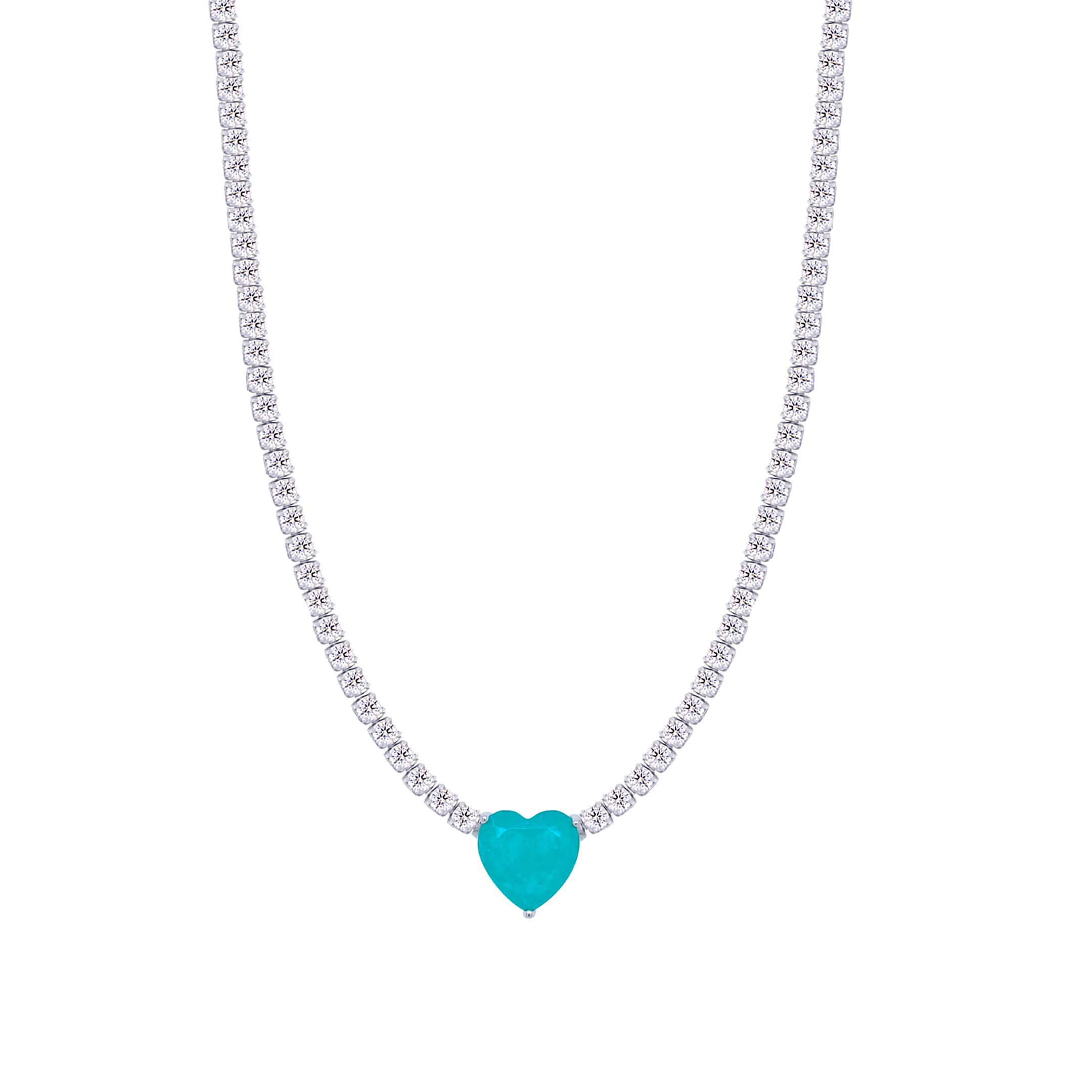 Asfour Crystal Tennis Necklace With Turquoise Heart In 925 Sterling Silver-ND0429-WGC