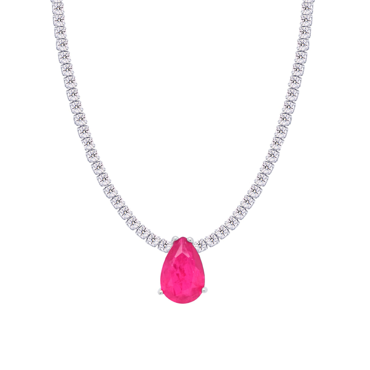 Asfour Crystal Tennis Necklace With Fuchsia Pear Pendant In 925 Sterling Silver-ND0430-WF