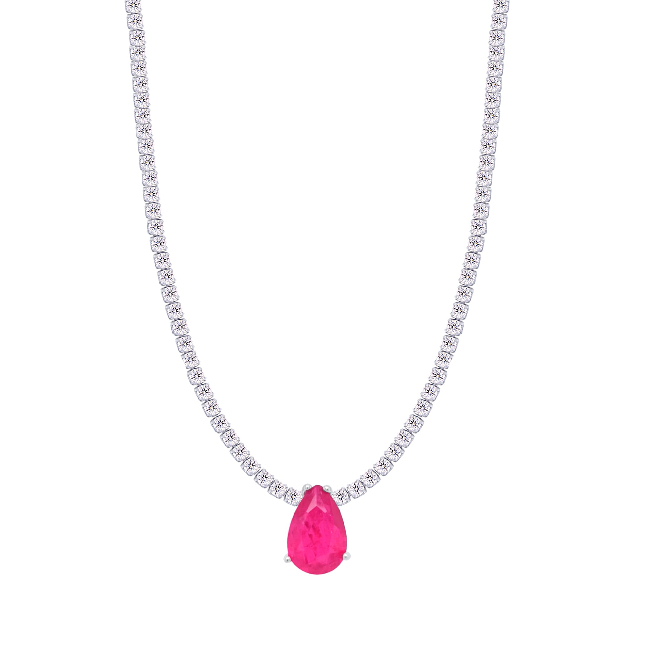 Asfour Crystal Tennis Necklace With Fuchsia Pear Pendant In 925 Sterling Silver-ND0430-WF