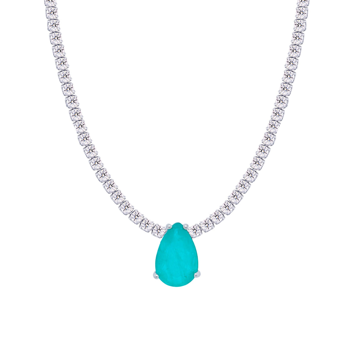 Asfour Crystal Tennis Necklace With Turquoise Pear Pendant In 925 Sterling Silver-ND0430-WGC