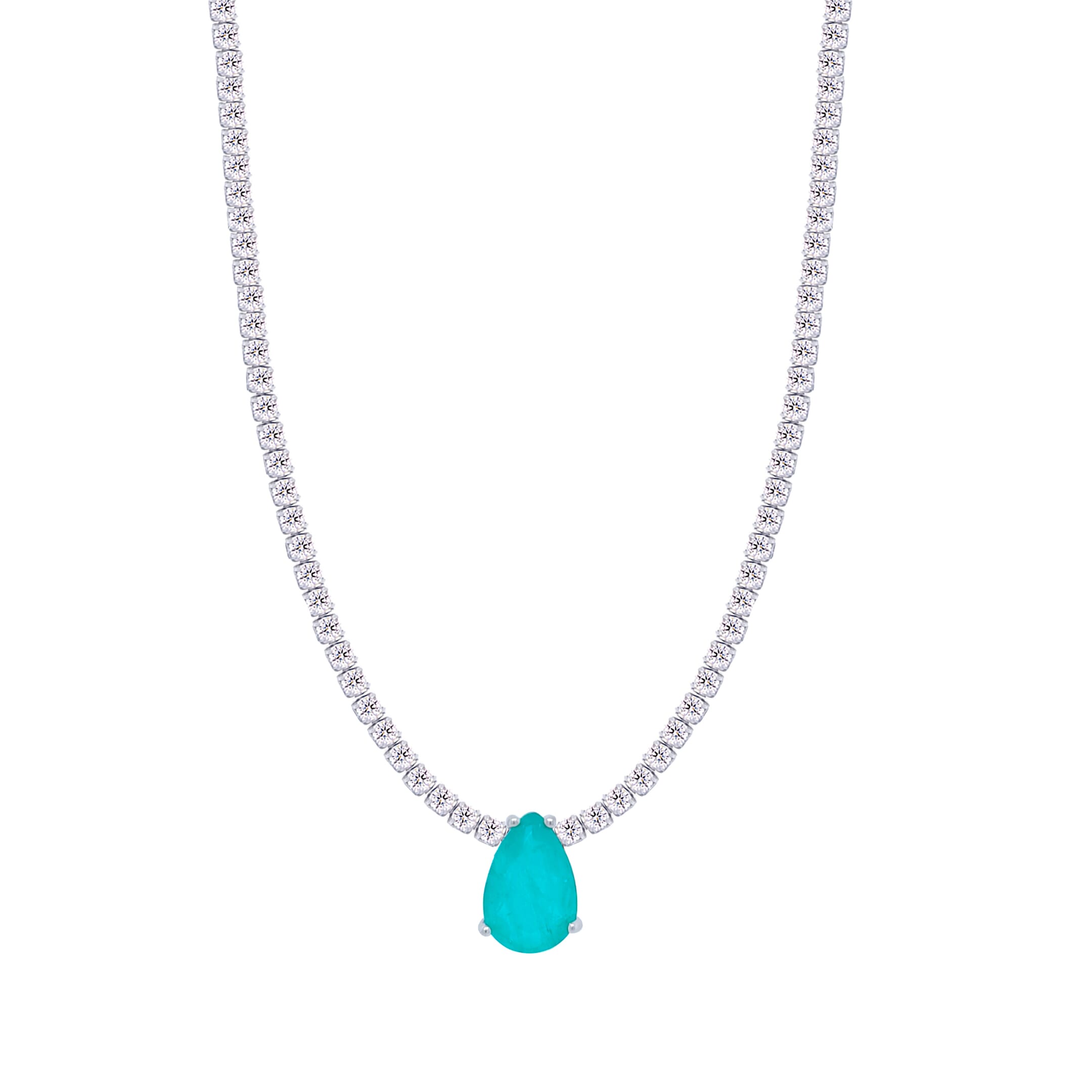 Asfour Crystal Tennis Necklace With Turquoise Pear Pendant In 925 Sterling Silver-ND0430-WGC