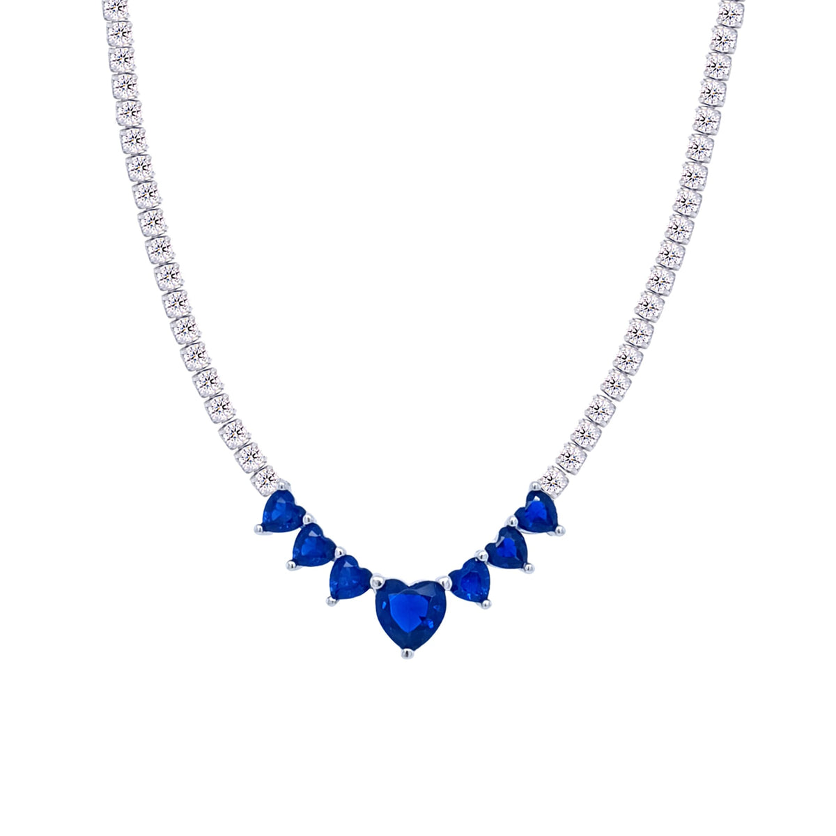 Asfour Crystal Tennis Necklace With Blue Hearts Design In 925 Sterling Silver-ND0431-WB