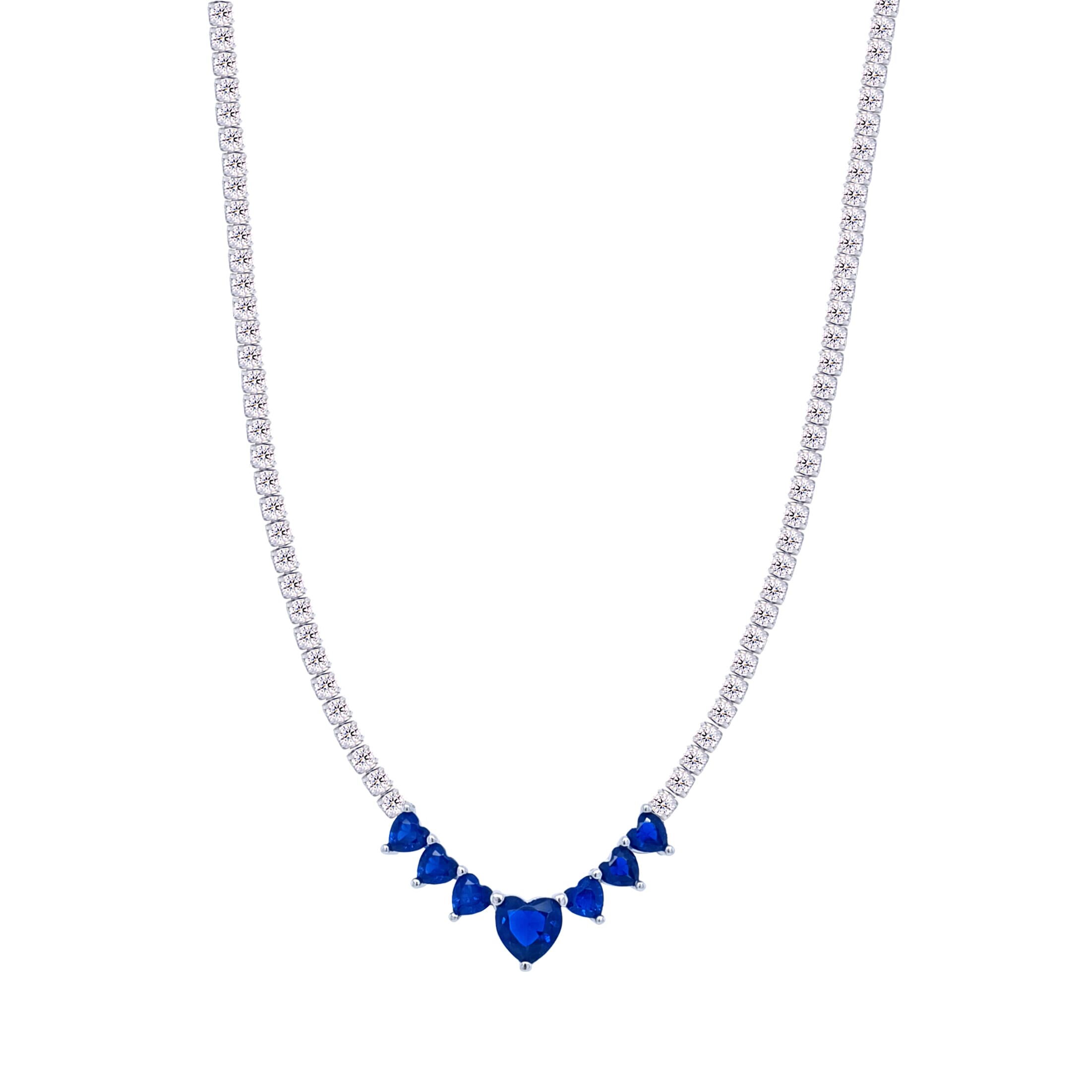 Asfour Crystal Tennis Necklace With Blue Hearts Design In 925 Sterling Silver-ND0431-WB