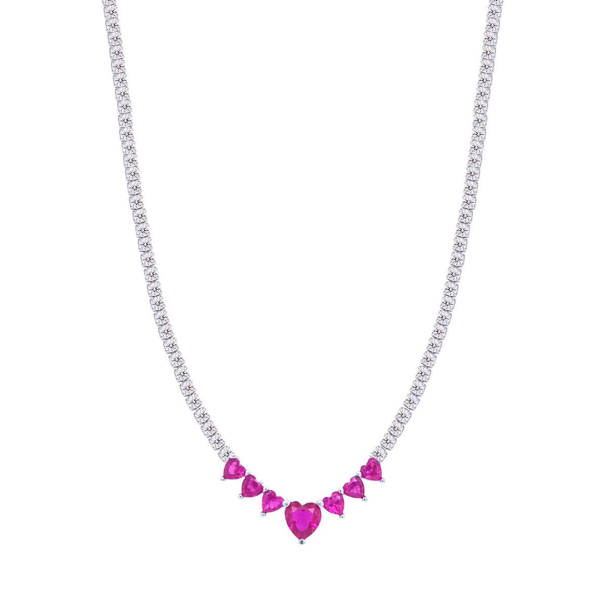 Asfour Crystal Tennis Necklace With Fuchsia Hearts Design In 925 Sterling Silver-ND0431-WF