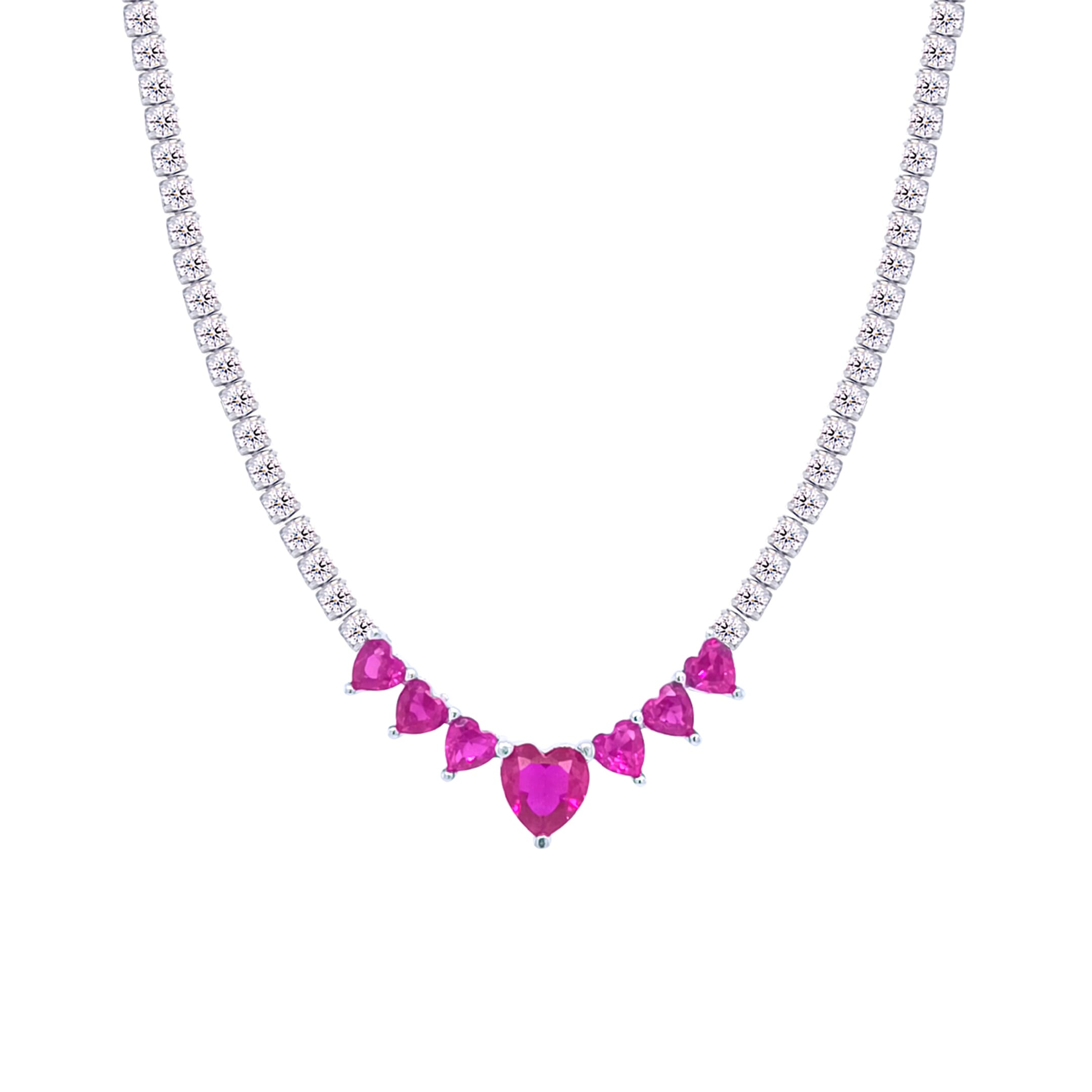 Asfour Crystal Tennis Necklace With Fuchsia Hearts Design In 925 Sterling Silver-ND0431-WF