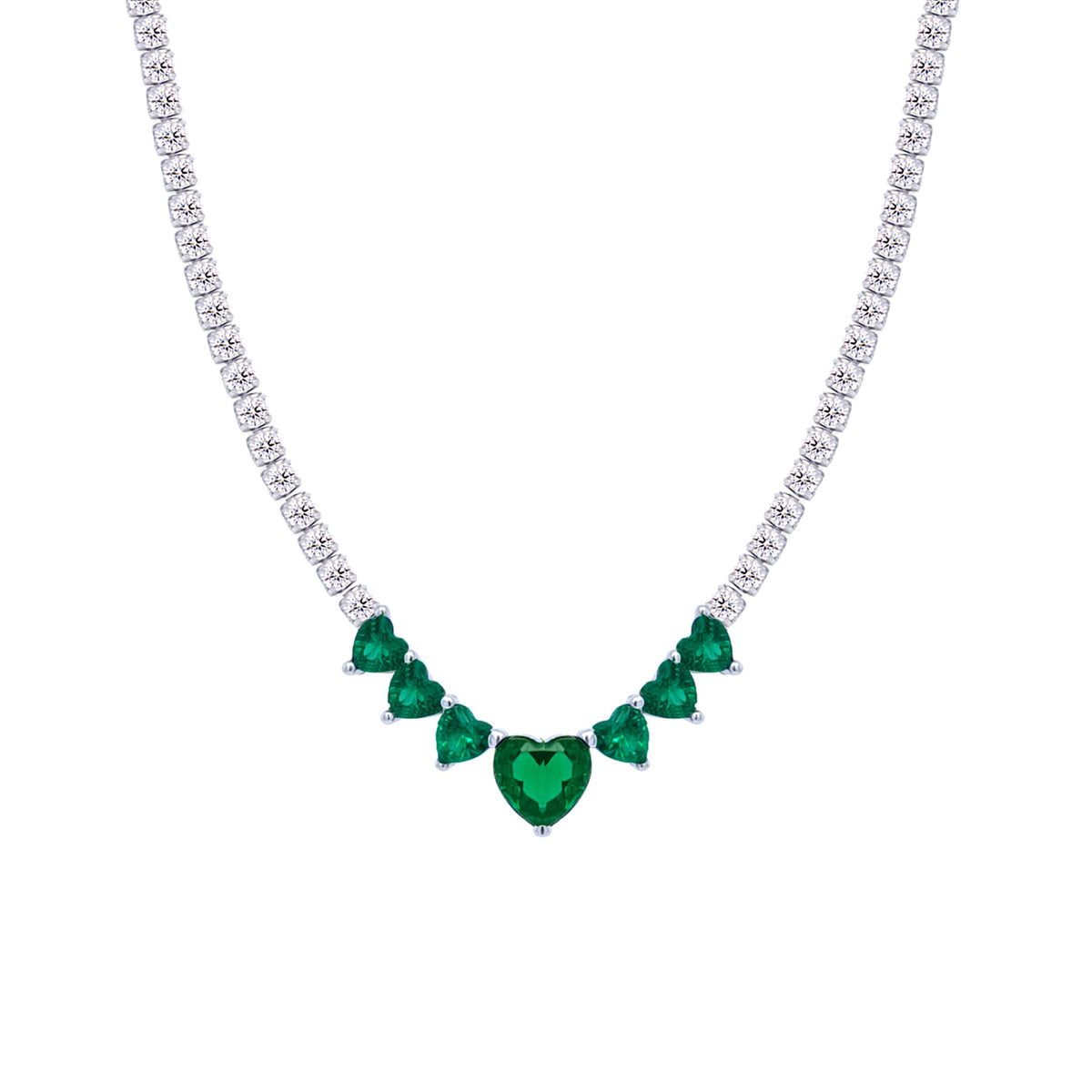 Asfour Crystal Tennis Necklace With Emerald Hearts Design In 925 Sterling Silver-ND0431-WG