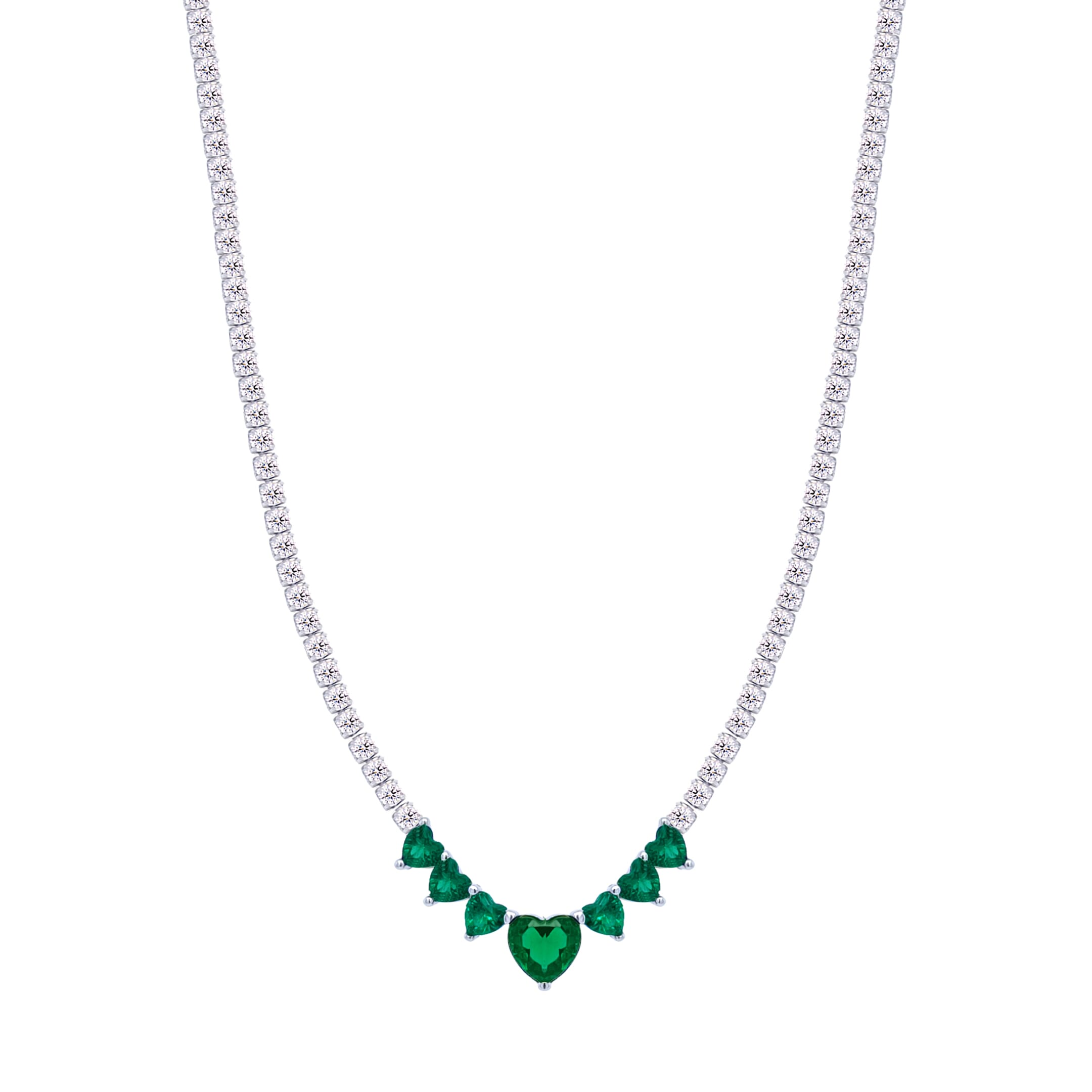 Asfour Crystal Tennis Necklace With Emerald Hearts Design In 925 Sterling Silver-ND0431-WG