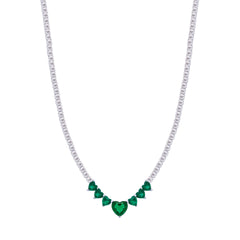 Asfour Crystal Tennis Necklace With Emerald Hearts Design In 925 Sterling Silver-ND0431-WG