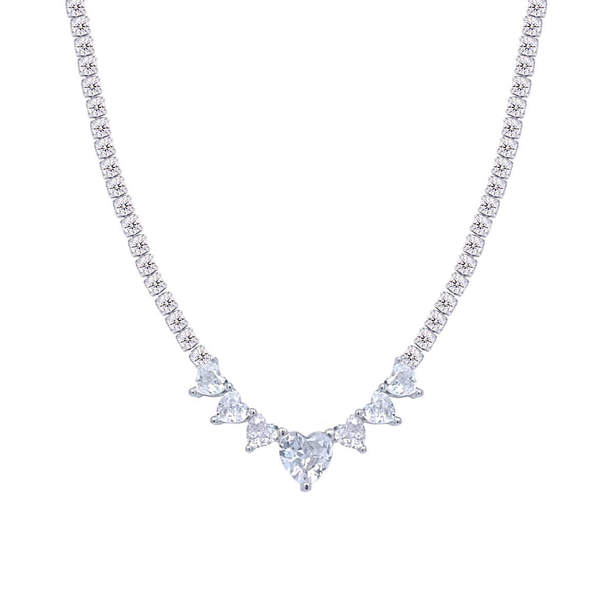 Asfour Crystal Tennis Necklace With Hearts Design In 925 Sterling Silver-ND0431