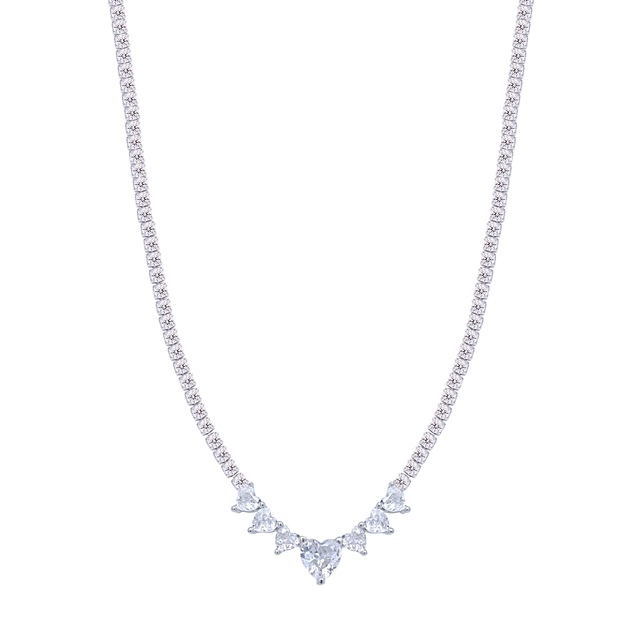 Asfour Crystal Tennis Necklace With Hearts Design In 925 Sterling Silver-ND0431