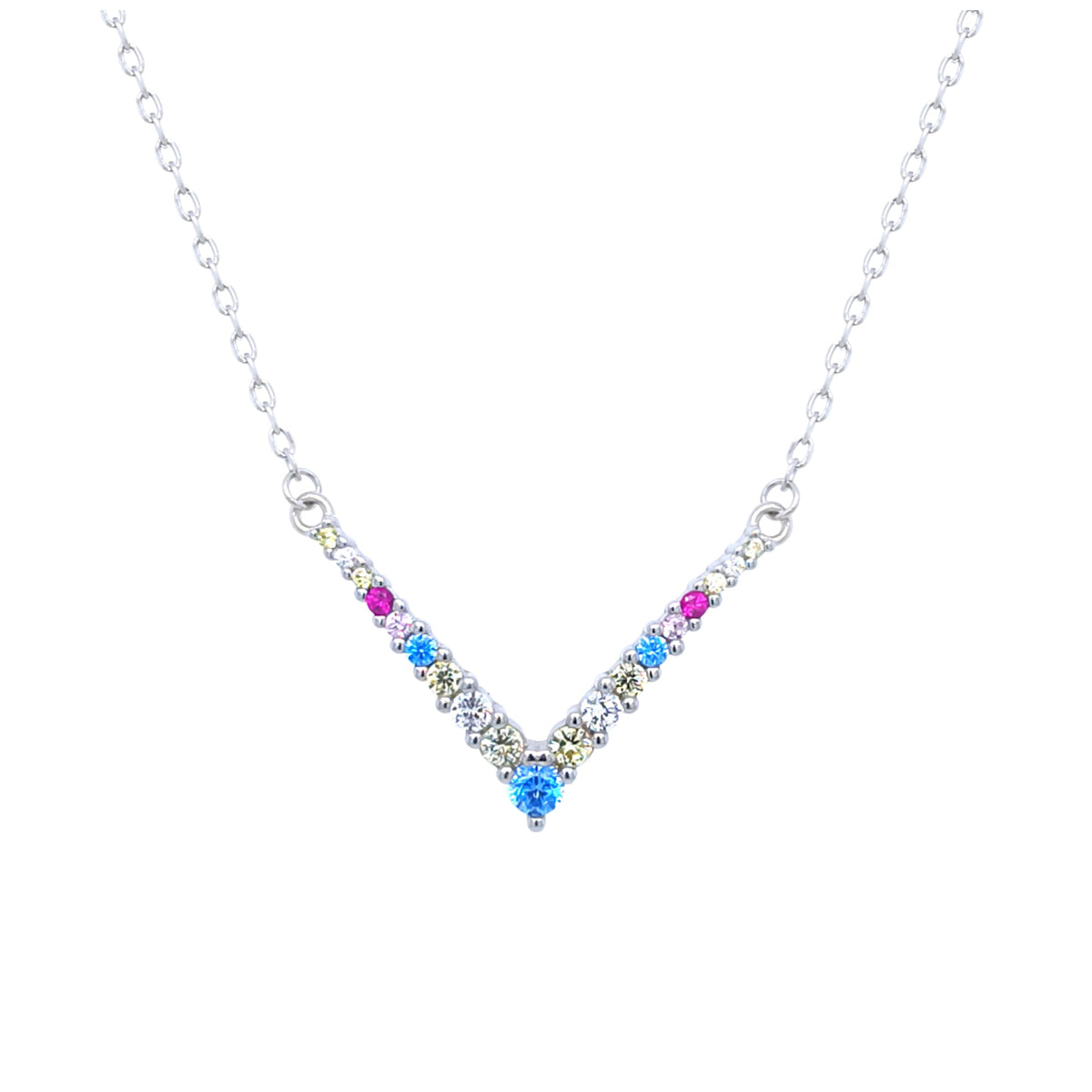 Asfour Crystal V Chain Necklace With Multi Color Zircon Stones In 925 Sterling Silver-ND0432-K