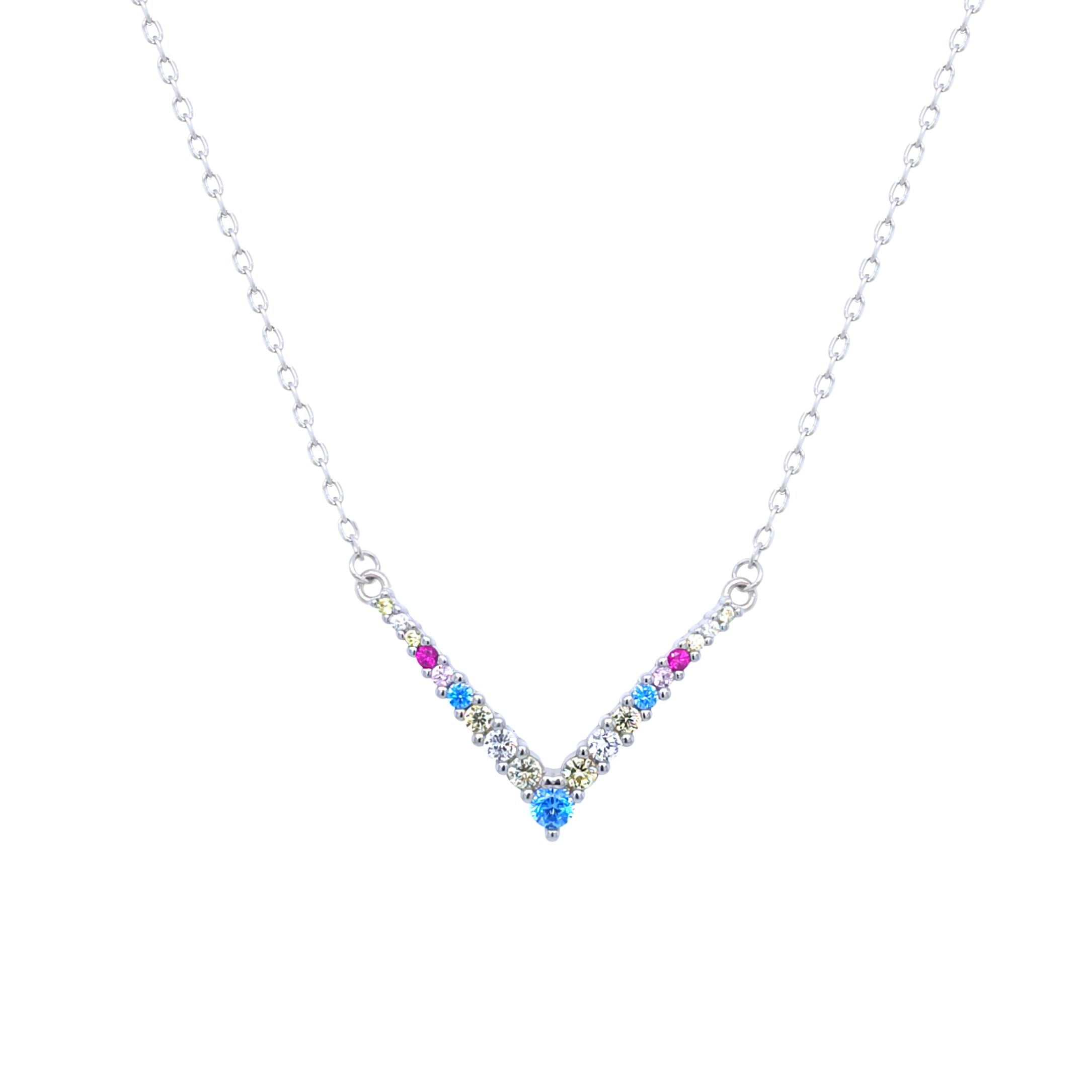 Asfour Crystal V Chain Necklace With Multi Color Zircon Stones In 925 Sterling Silver-ND0432-K