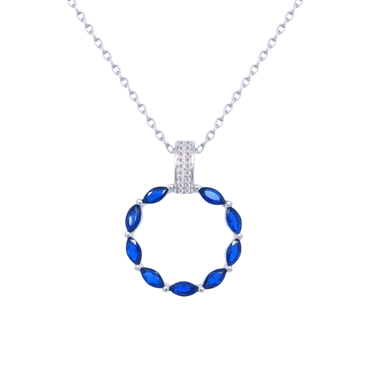 Asfour Crystal Chain Necklace With Hollow Blue Circle Pendant In 925 Sterling-ND0433-B