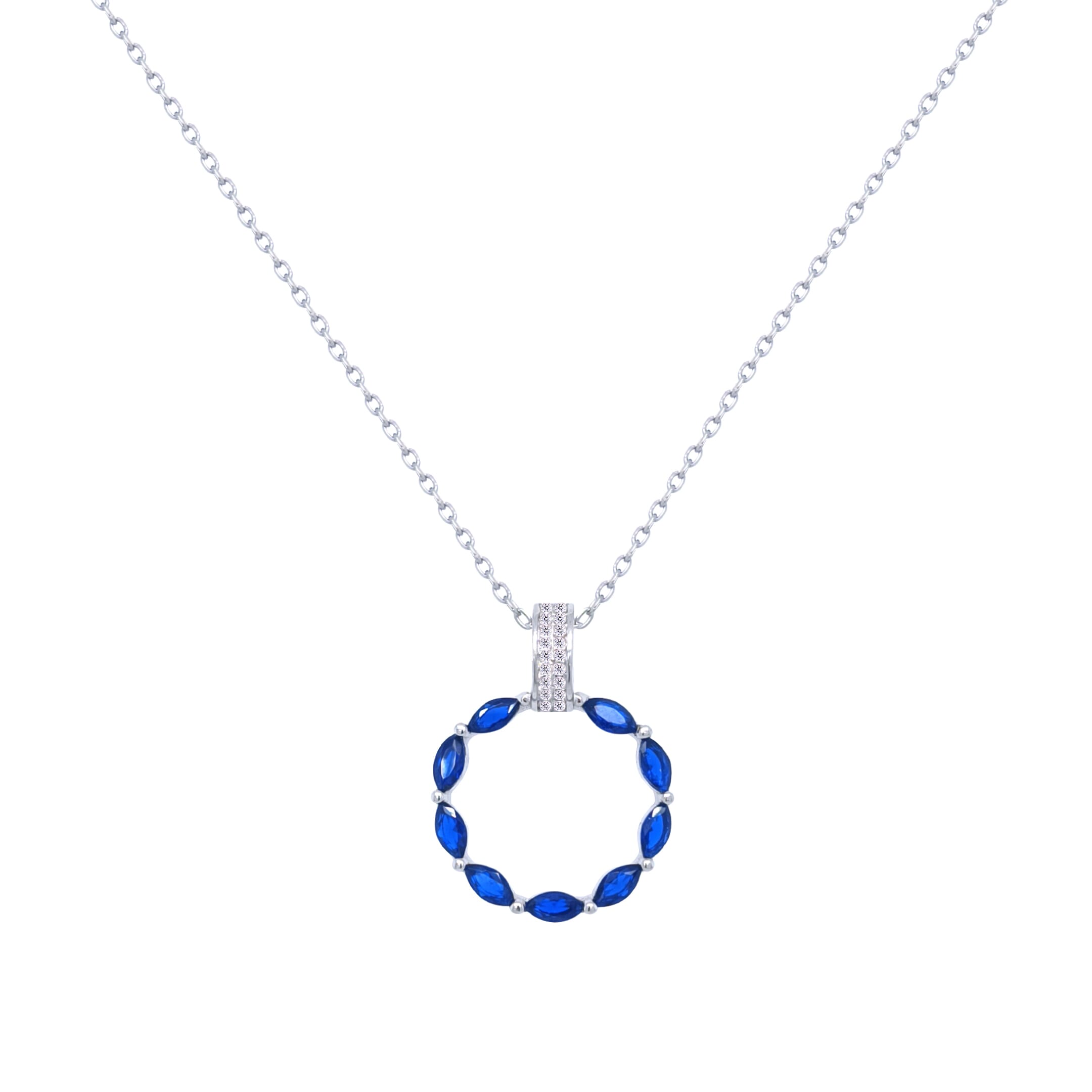 Asfour Crystal Chain Necklace With Hollow Blue Circle Pendant In 925 Sterling-ND0433-B