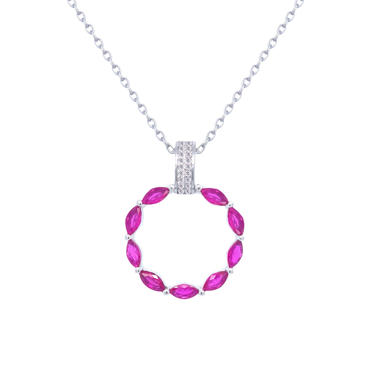 Asfour Crystal Chain Necklace With Fuchsia Hollow Circle Pendant In 925 Sterling-ND0433-F