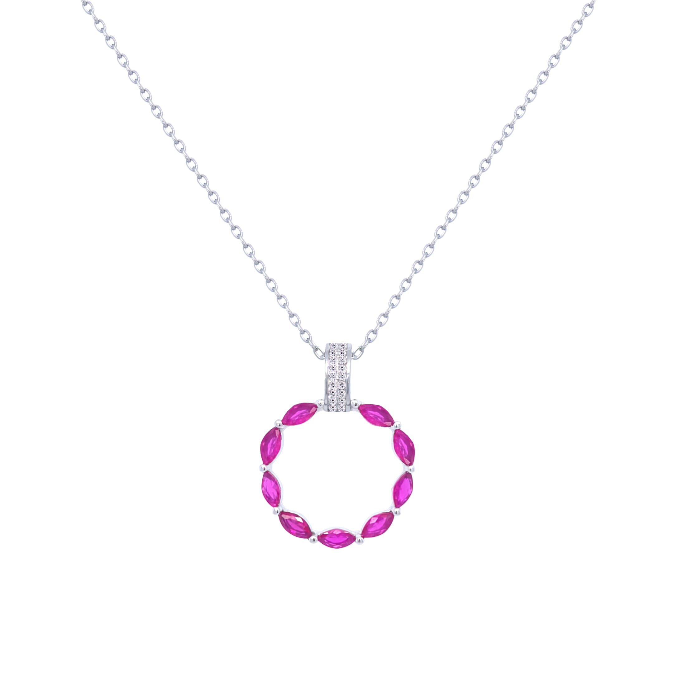 Asfour Crystal Chain Necklace With Fuchsia Hollow Circle Pendant In 925 Sterling-ND0433-F