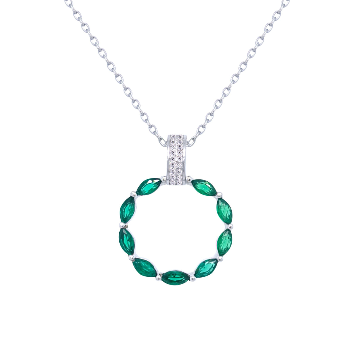 Asfour Crystal Chain Necklace With Emerald Hollow Circle Pendant In 925 Sterling-ND0433-G