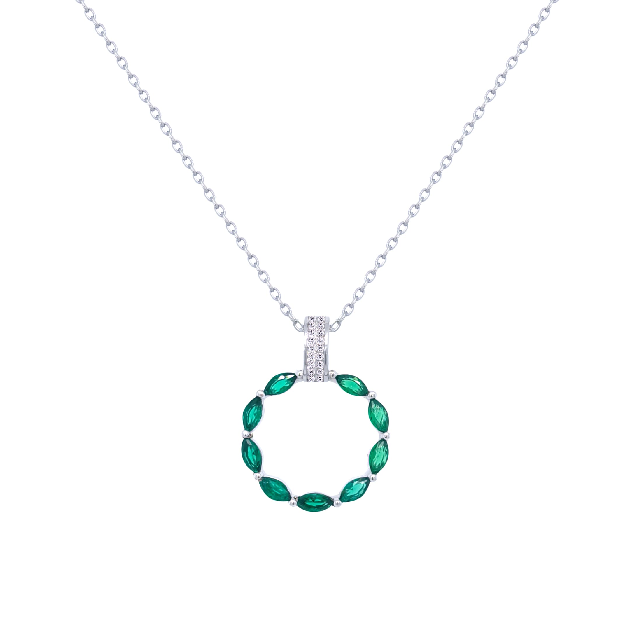 Asfour Crystal Chain Necklace With Emerald Hollow Circle Pendant In 925 Sterling-ND0433-G