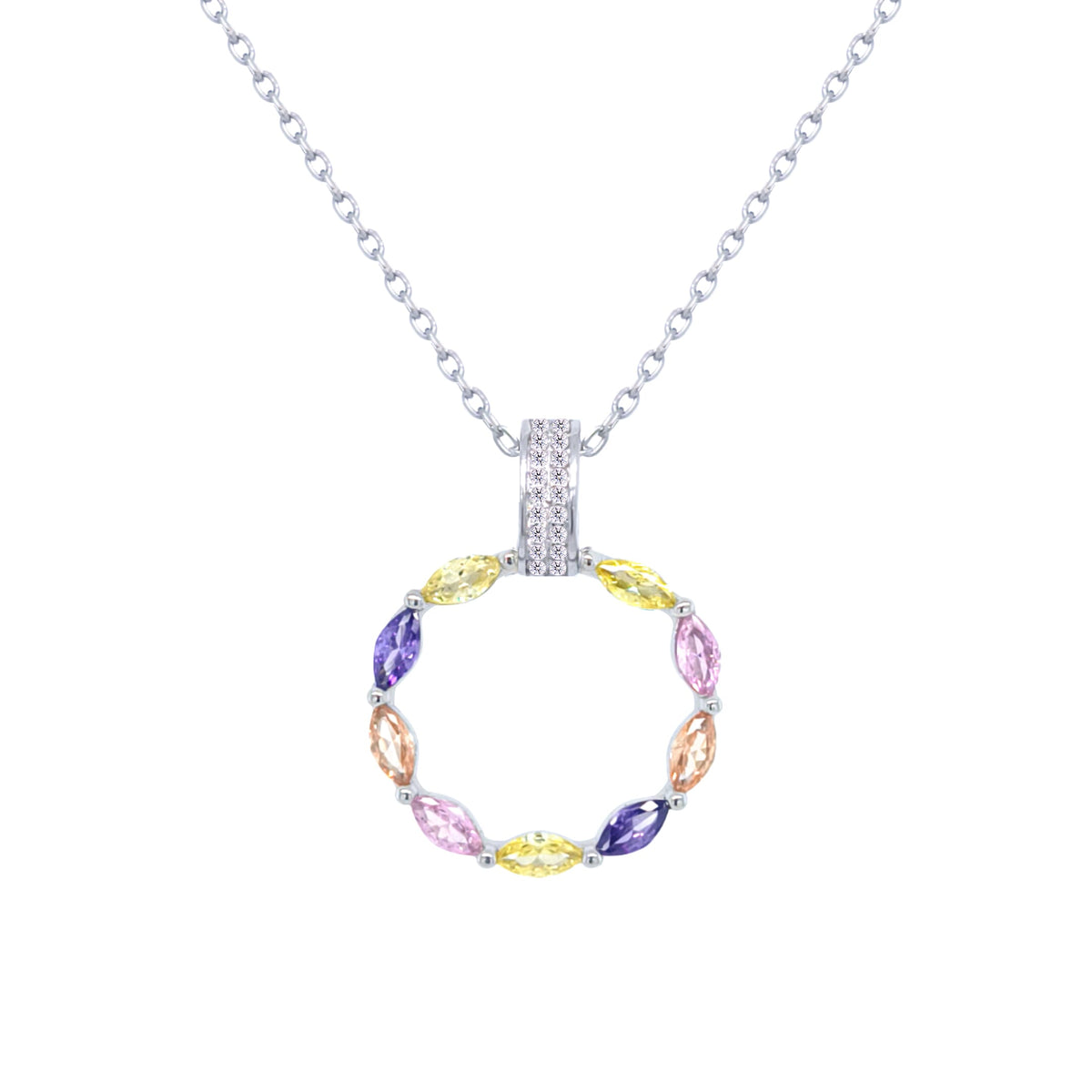 Asfour Crystal Chain Necklace With Multi Color Hollow Circle Pendant In 925 Sterling-ND0433-K