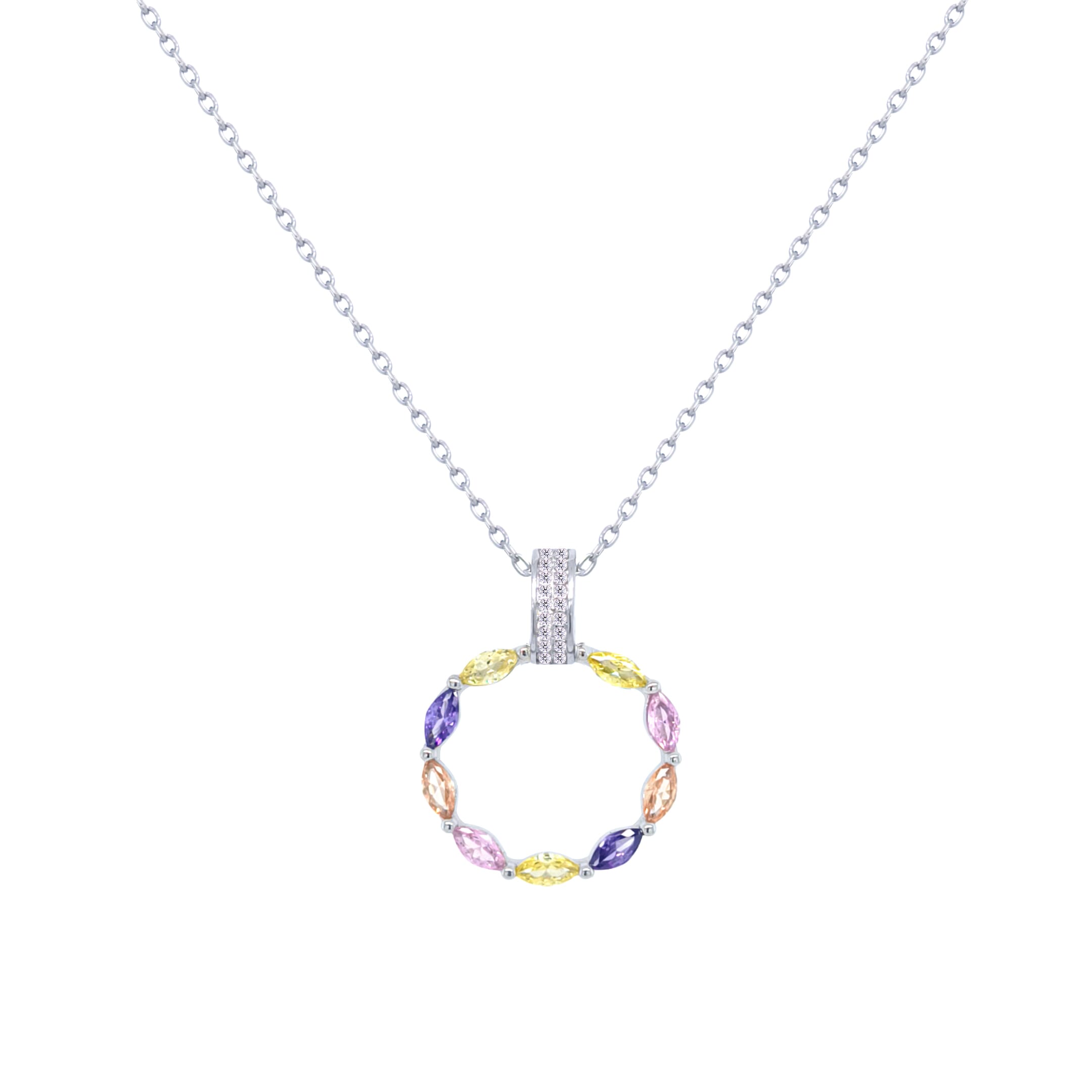 Asfour Crystal Chain Necklace With Multi Color Hollow Circle Pendant In 925 Sterling-ND0433-K