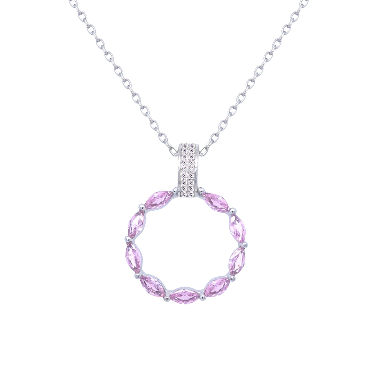 Asfour Crystal Chain Necklace With Rose Hollow Circle Pendant In 925 Sterling-ND0433-O