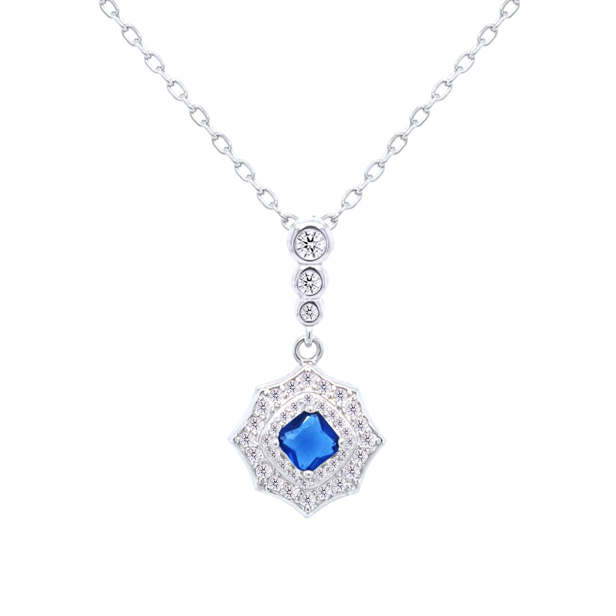 Asfour Crystal Chain Necklace With Blue Decorative Pendant In 925 Sterling-ND0434-WB