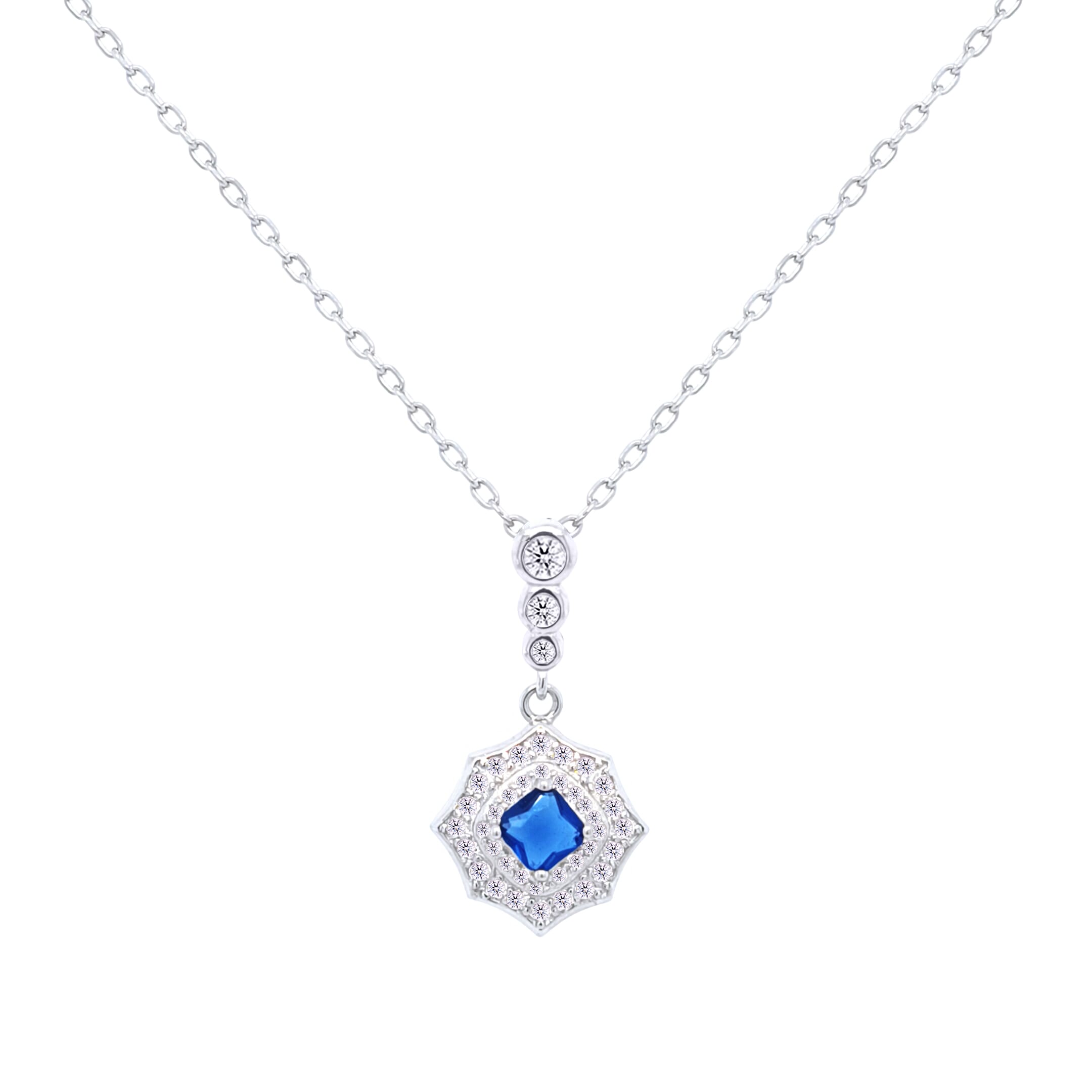 Asfour Crystal Chain Necklace With Blue Decorative Pendant In 925 Sterling-ND0434-WB