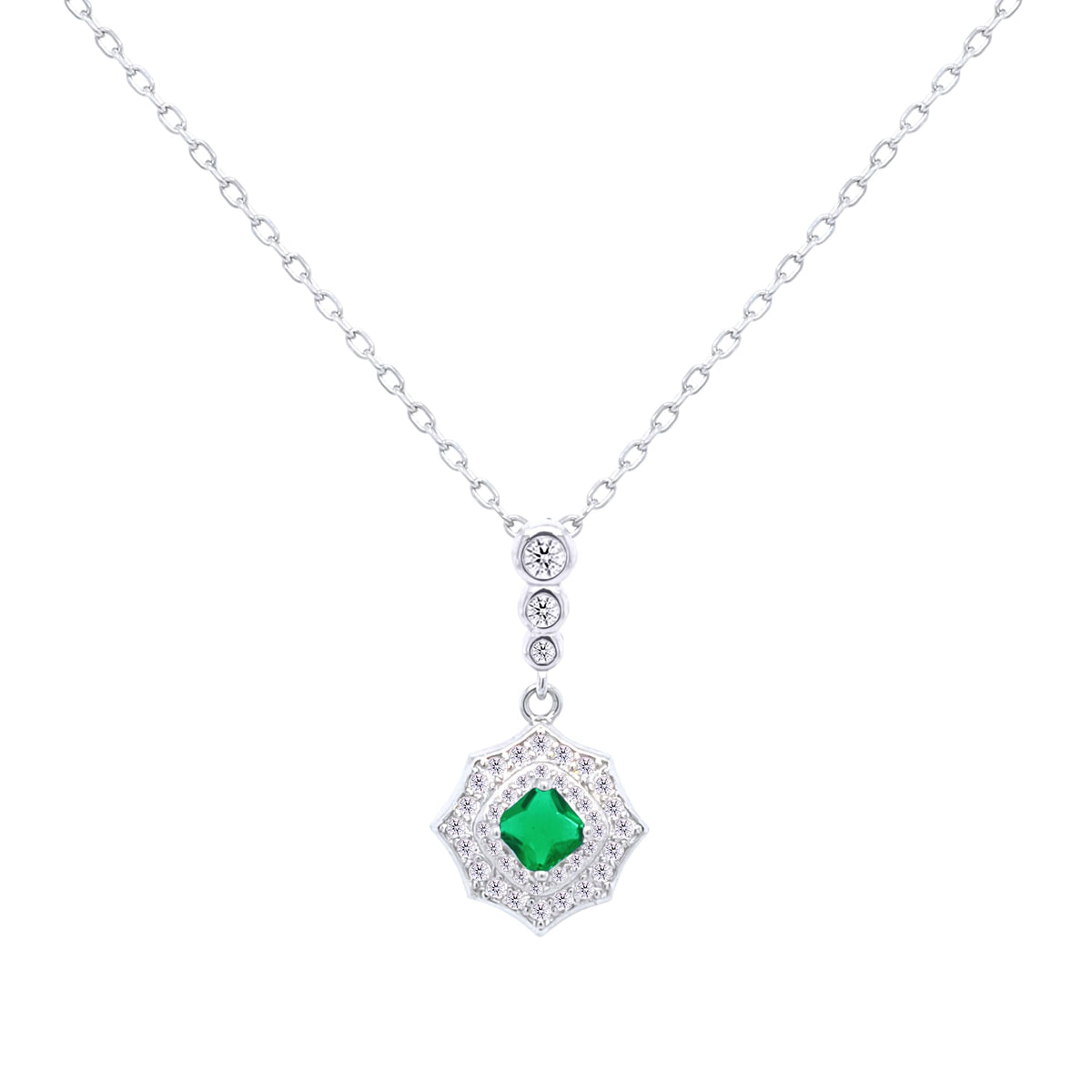 Asfour Crystal Chain Necklace With Emerald Decorative Pendant In 925 Sterling-ND0434-WG