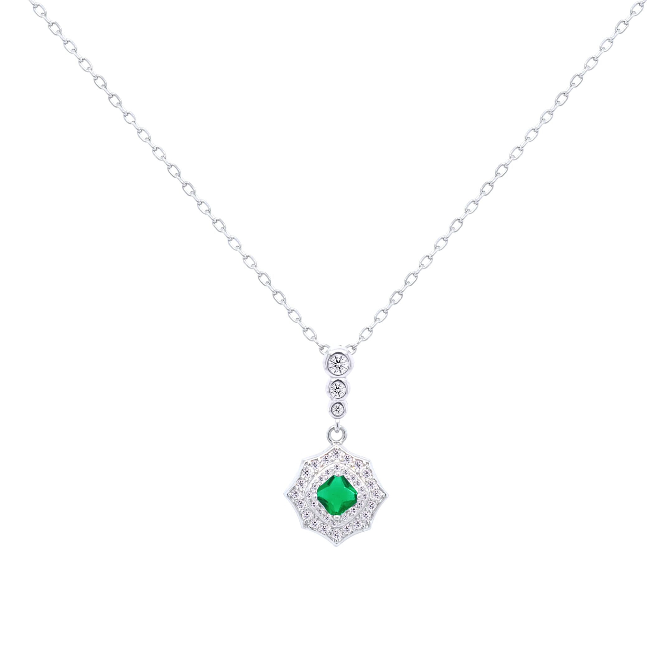 Asfour Crystal Chain Necklace With Emerald Decorative Pendant In 925 Sterling-ND0434-WG