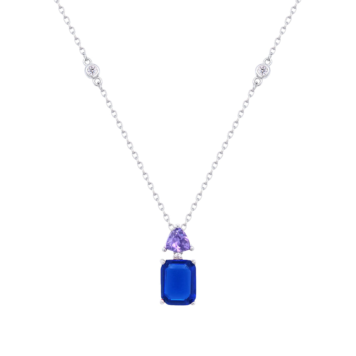 Asfour Crystal Chain Necklace With Fuchsia Emerald Pendant In 925 Sterling Silver-ND0435-BN