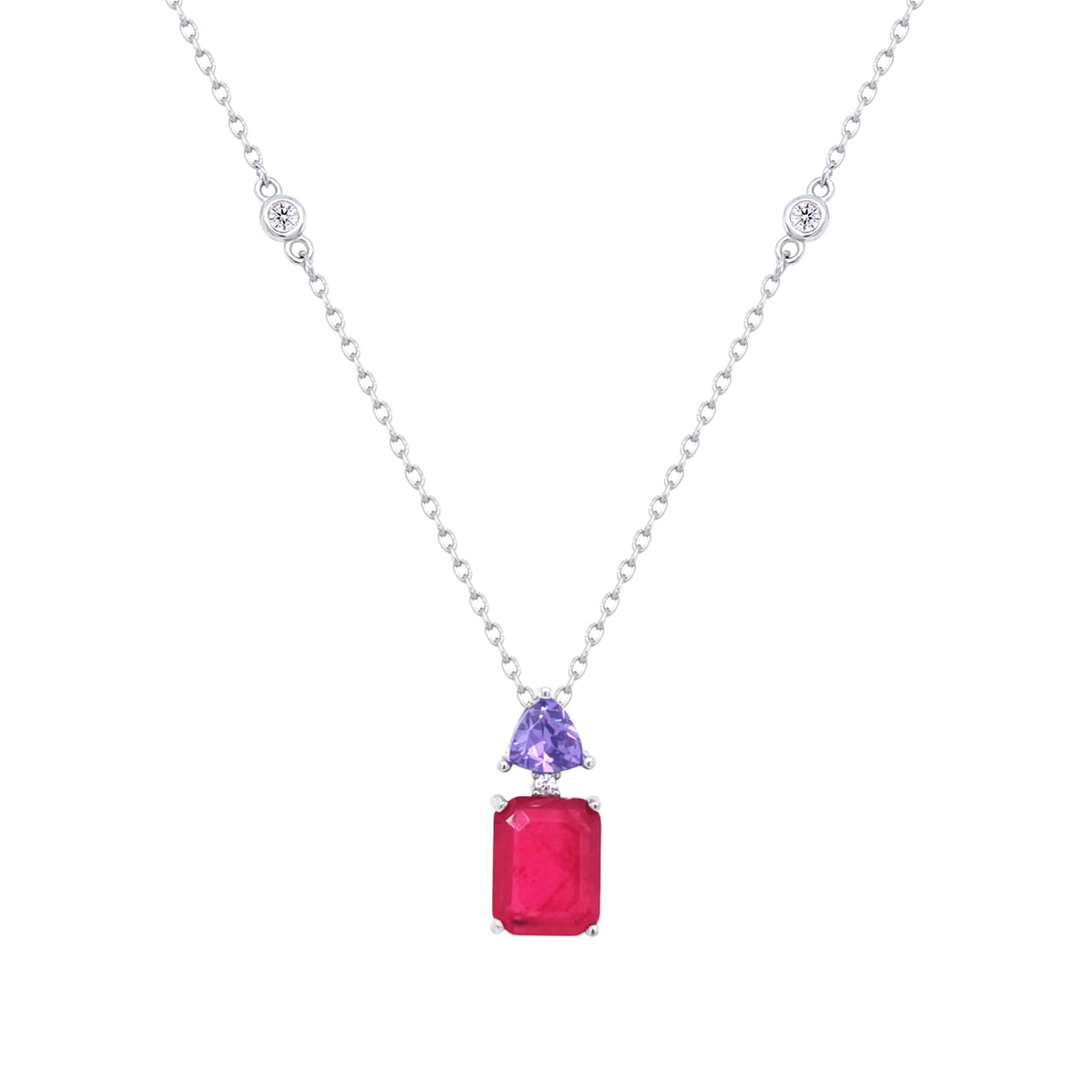 Asfour Crystal Chain Necklace With Fuchsia Emerald Pendant In 925 Sterling Silver-ND0435-FN