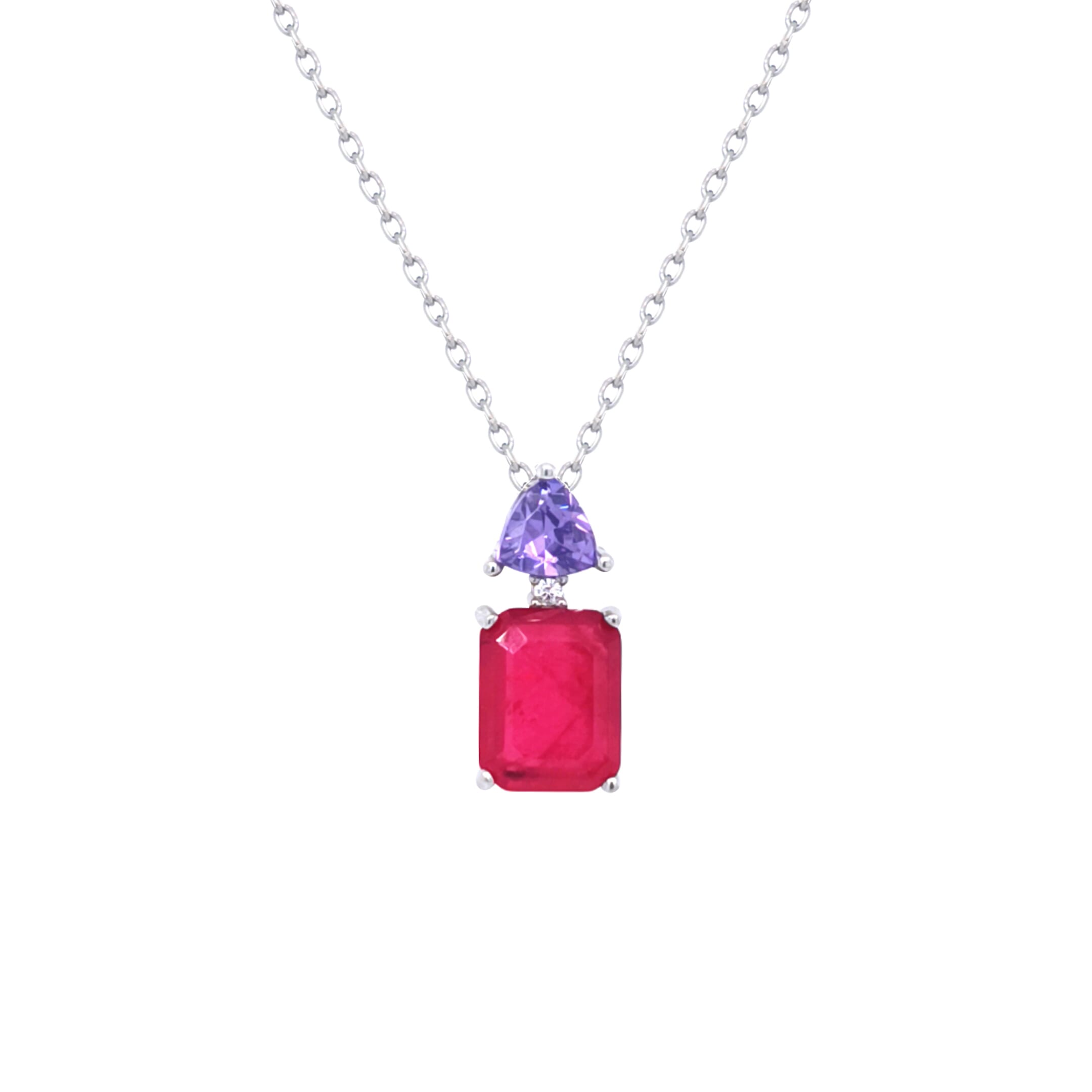 Asfour Crystal Chain Necklace With Fuchsia Emerald Pendant In 925 Sterling Silver-ND0435-FN