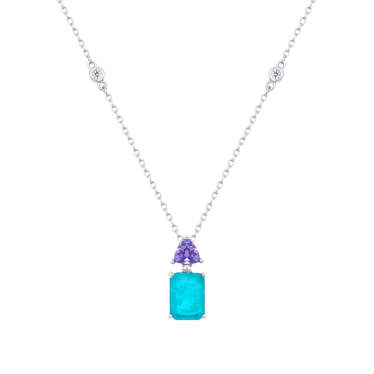 Asfour Crystal Chain Necklace With Turquoise Emerald Pendant In 925 Sterling Silver-ND0435-GCN