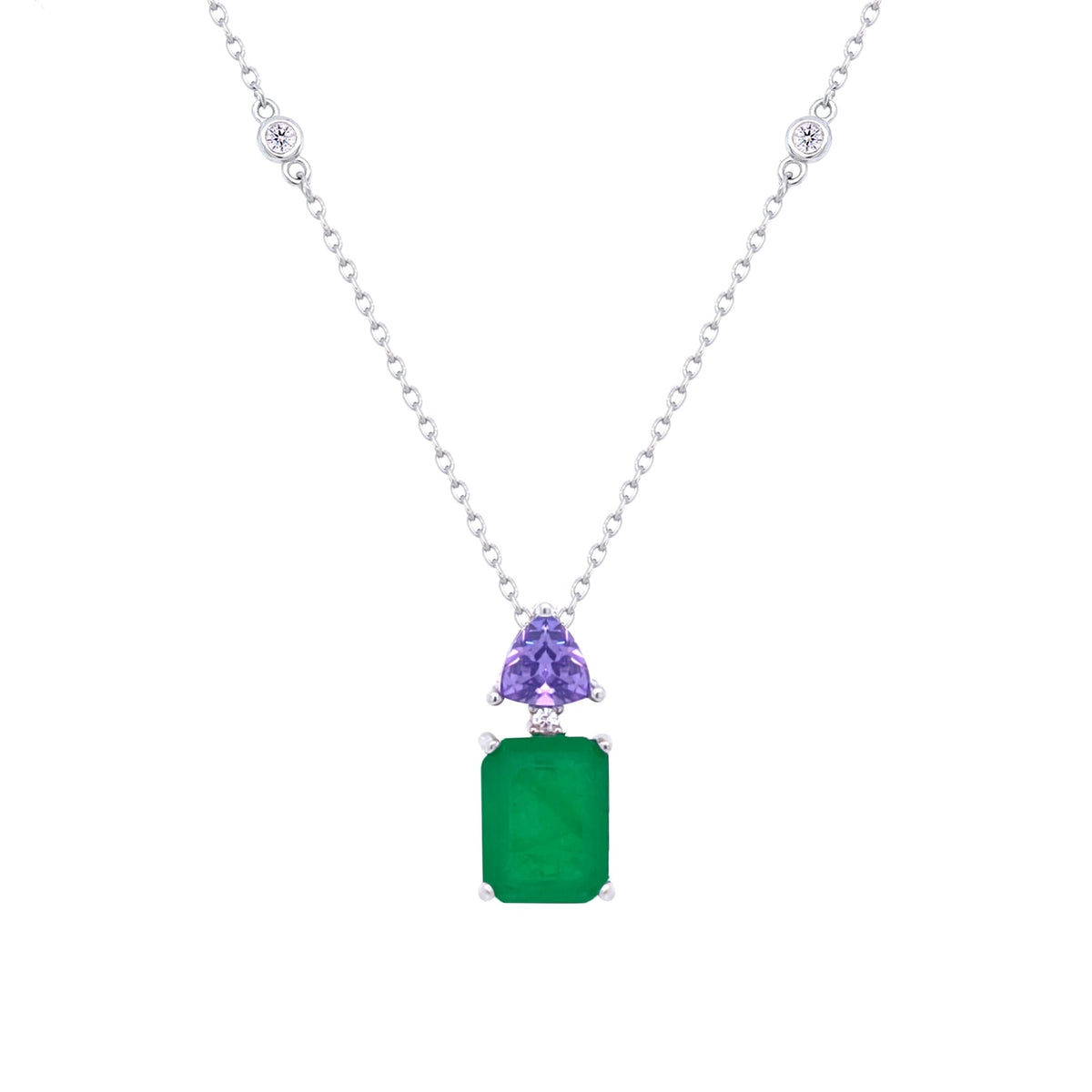 Asfour Crystal Chain Necklace With Emerald Cut Stone Pendant In 925 Sterling Silver-ND0435-GN