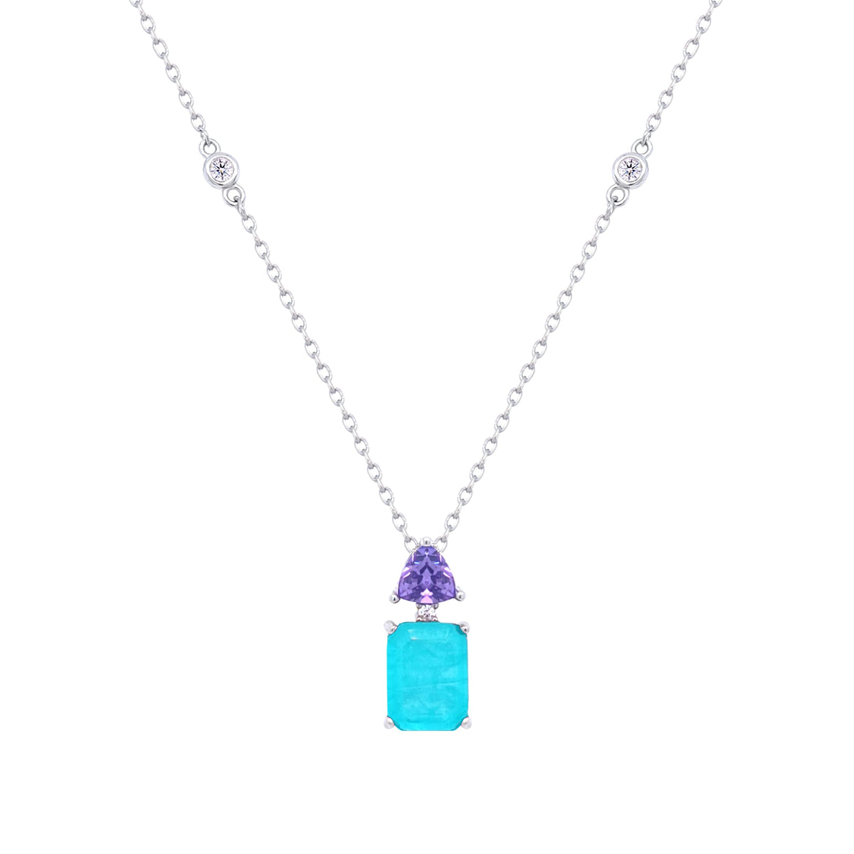 Asfour Crystal Chain Necklace With Light Turquoise Emerald Pendant In 925 Sterling Silver-ND0435-LGCN