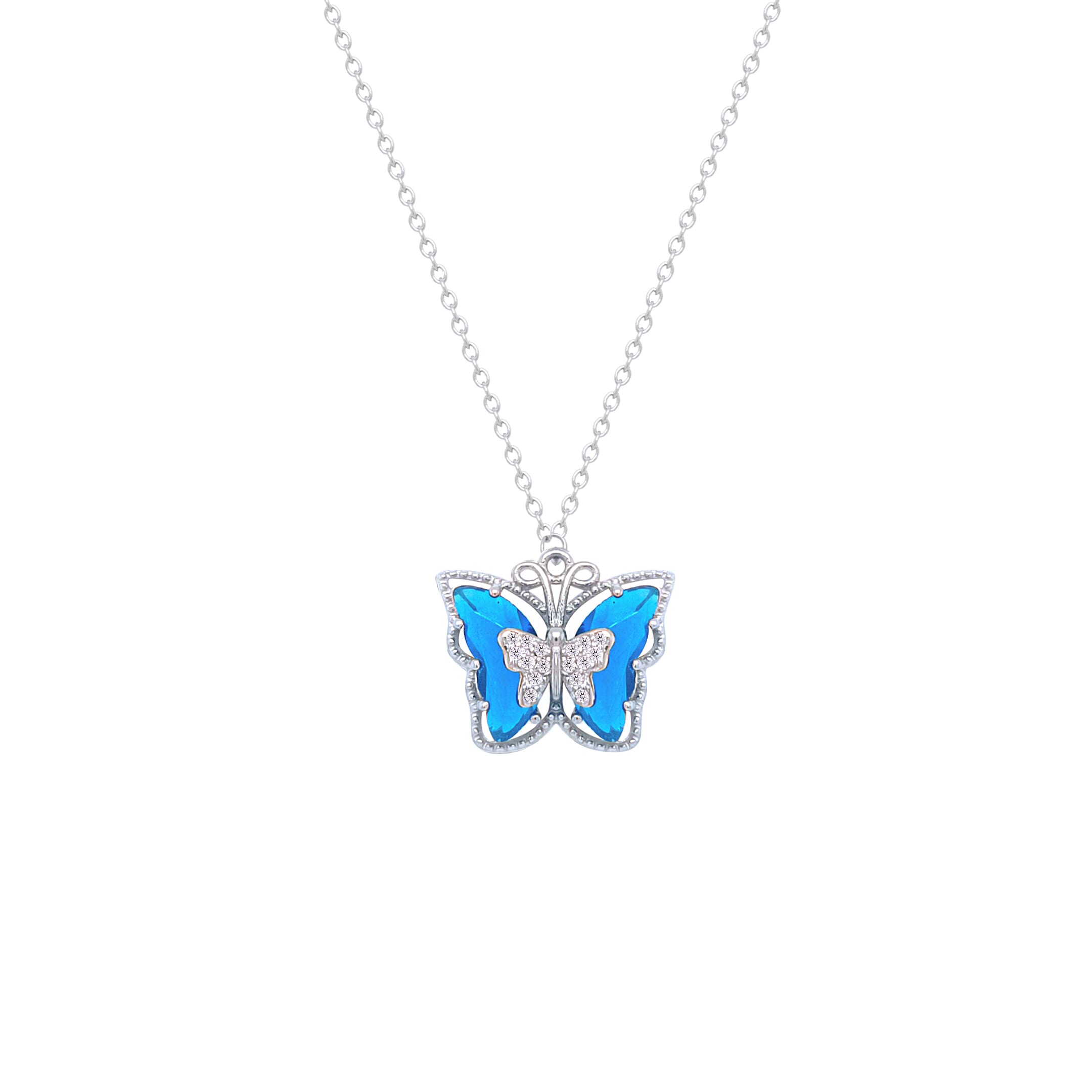 Asfour Crystal Chain Necklace With Blue Butterfly Pendant In 925 Sterling Silver-ND0437-B