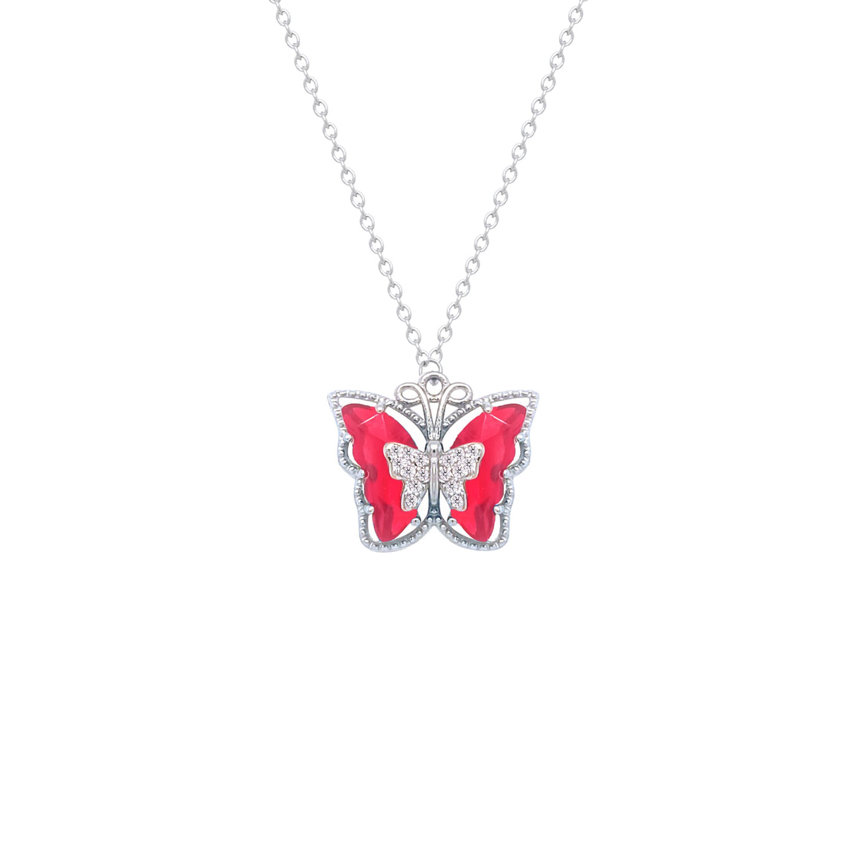 Asfour Crystal Chain Necklace With Ruby Butterfly Pendant In 925 Sterling Silver-ND0437-R