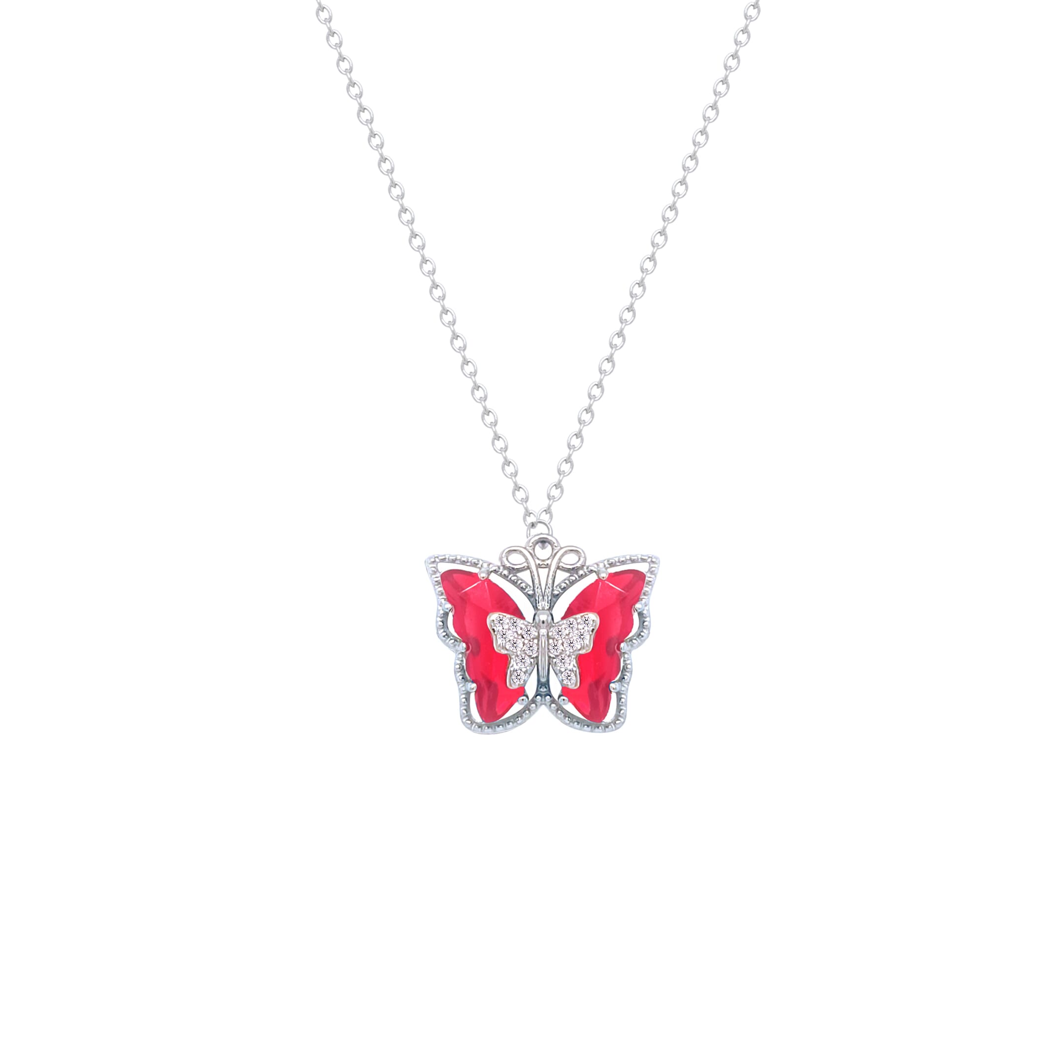 Asfour Crystal Chain Necklace With Ruby Butterfly Pendant In 925 Sterling Silver-ND0437-R